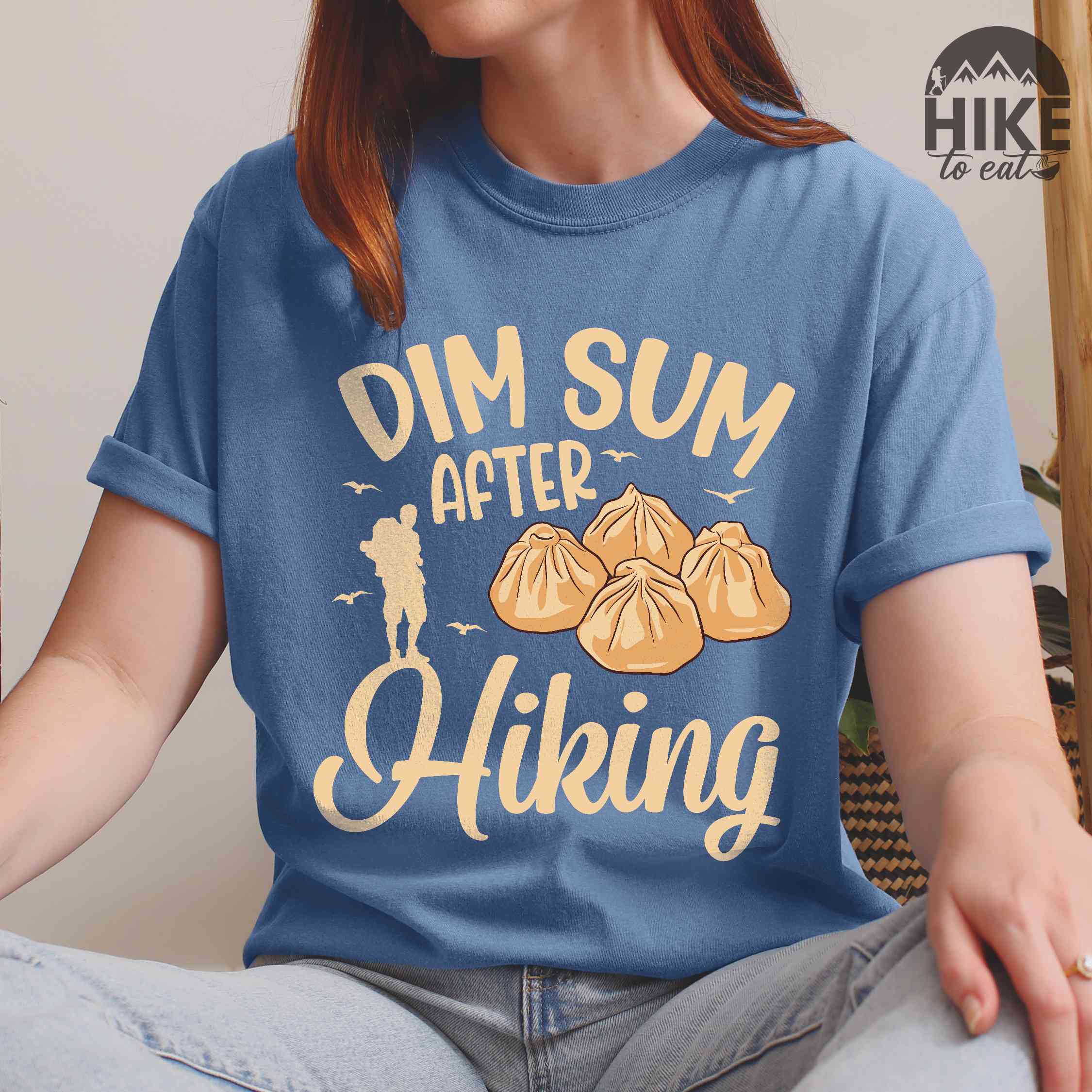 blue jean "dim sum after hiking" colored statement tee with bold typography, and steamed dim sum illustration for dim sum-loving outdoor enthusiasts, hikers and foodies
