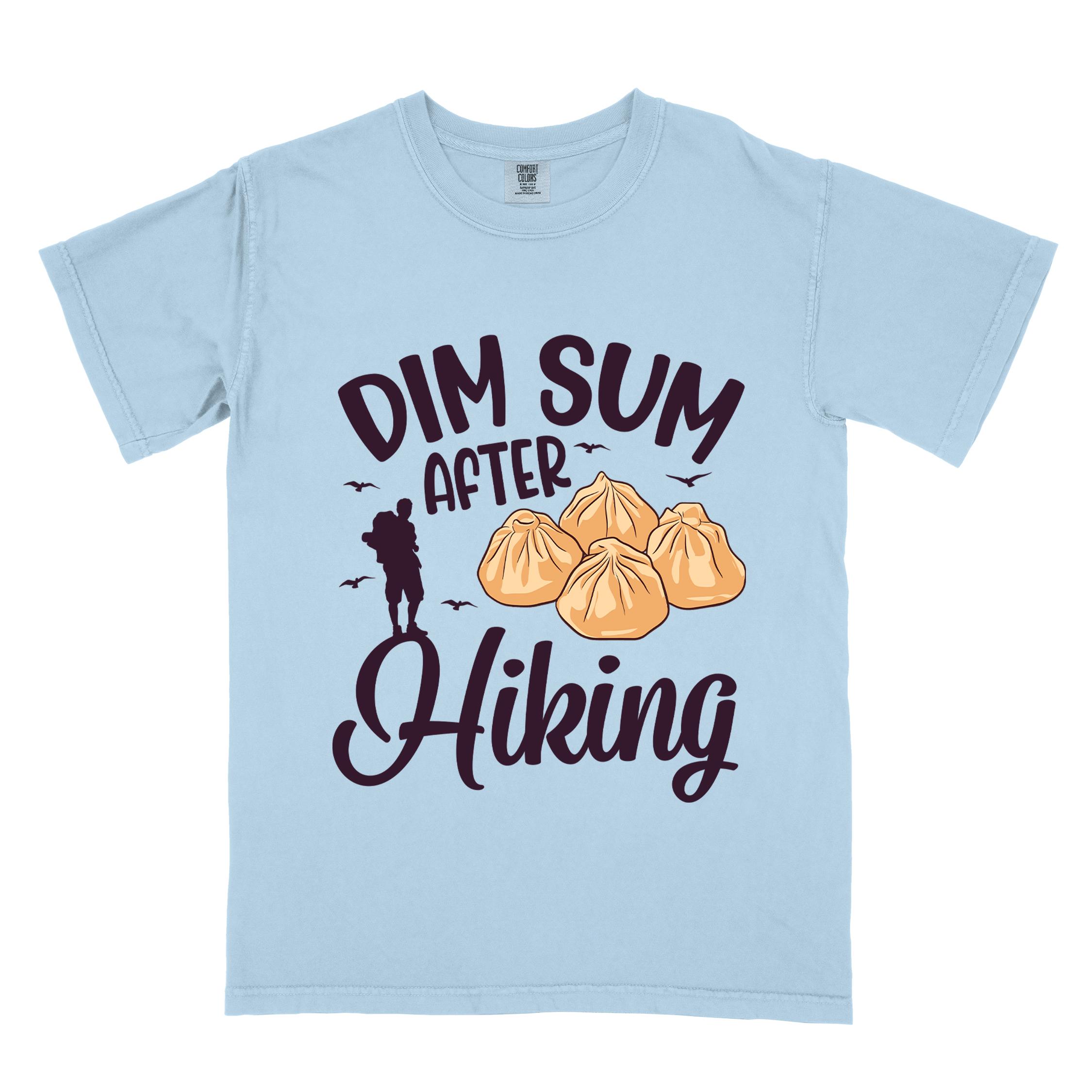 Chambray "dim sum after hiking" colored statement tee with bold typography, and steamed dim sum illustration for dim sum-loving outdoor enthusiasts, hikers and foodies