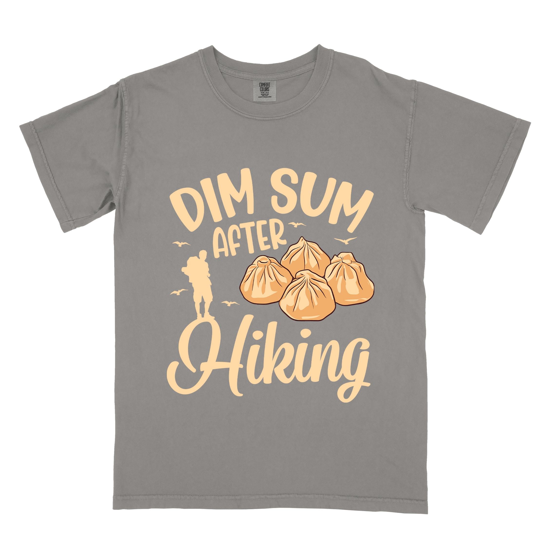 Gray "dim sum after hiking" colored statement tee with bold typography, and steamed dim sum illustration for dim sum-loving outdoor enthusiasts, hikers and foodies