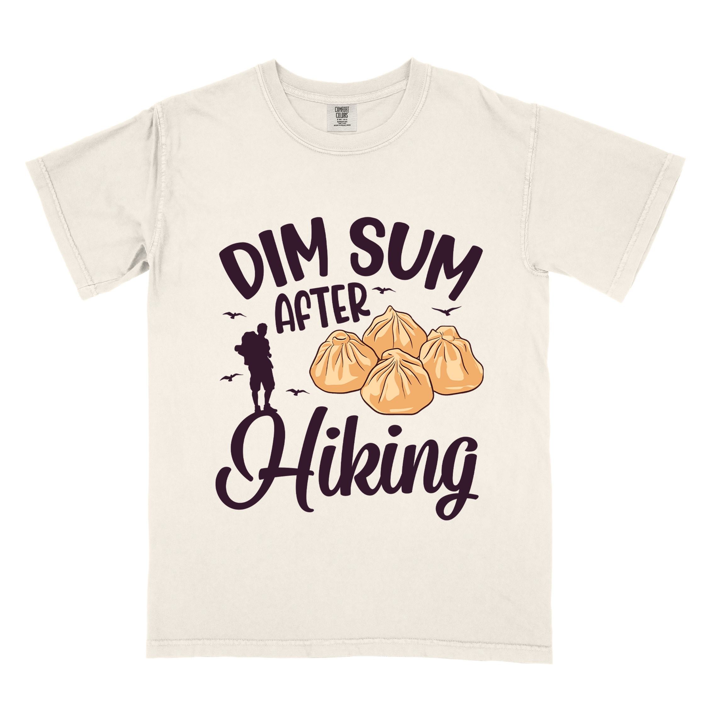 Ivory "dim sum after hiking" colored statement tee with bold typography, and steamed dim sum illustration for dim sum-loving outdoor enthusiasts, hikers and foodies