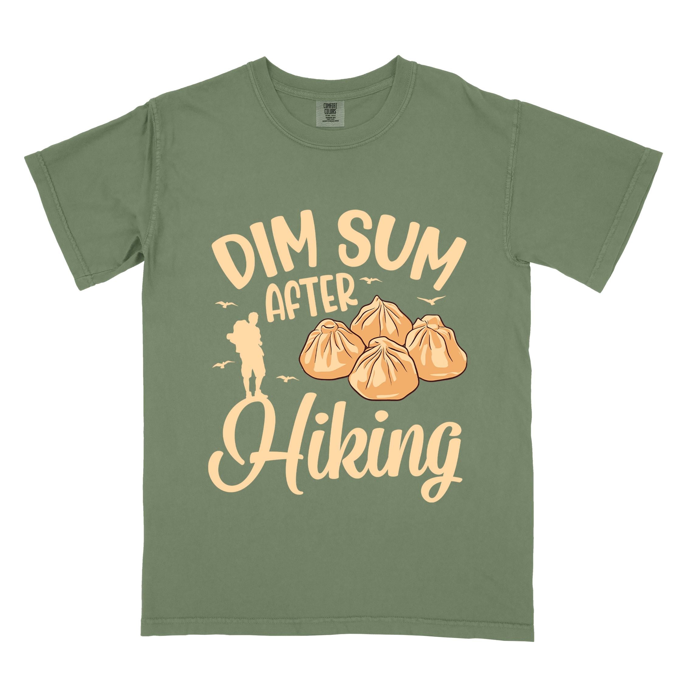 Moss "dim sum after hiking" colored statement tee with bold typography, and steamed dim sum illustration for dim sum-loving outdoor enthusiasts, hikers and foodies