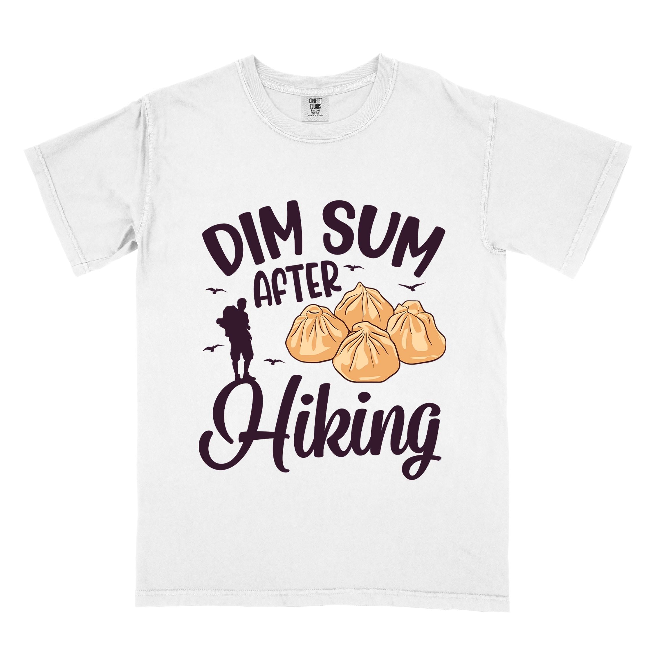 White "dim sum after hiking" colored statement tee with bold typography, and steamed dim sum illustration for dim sum-loving outdoor enthusiasts, hikers and foodies