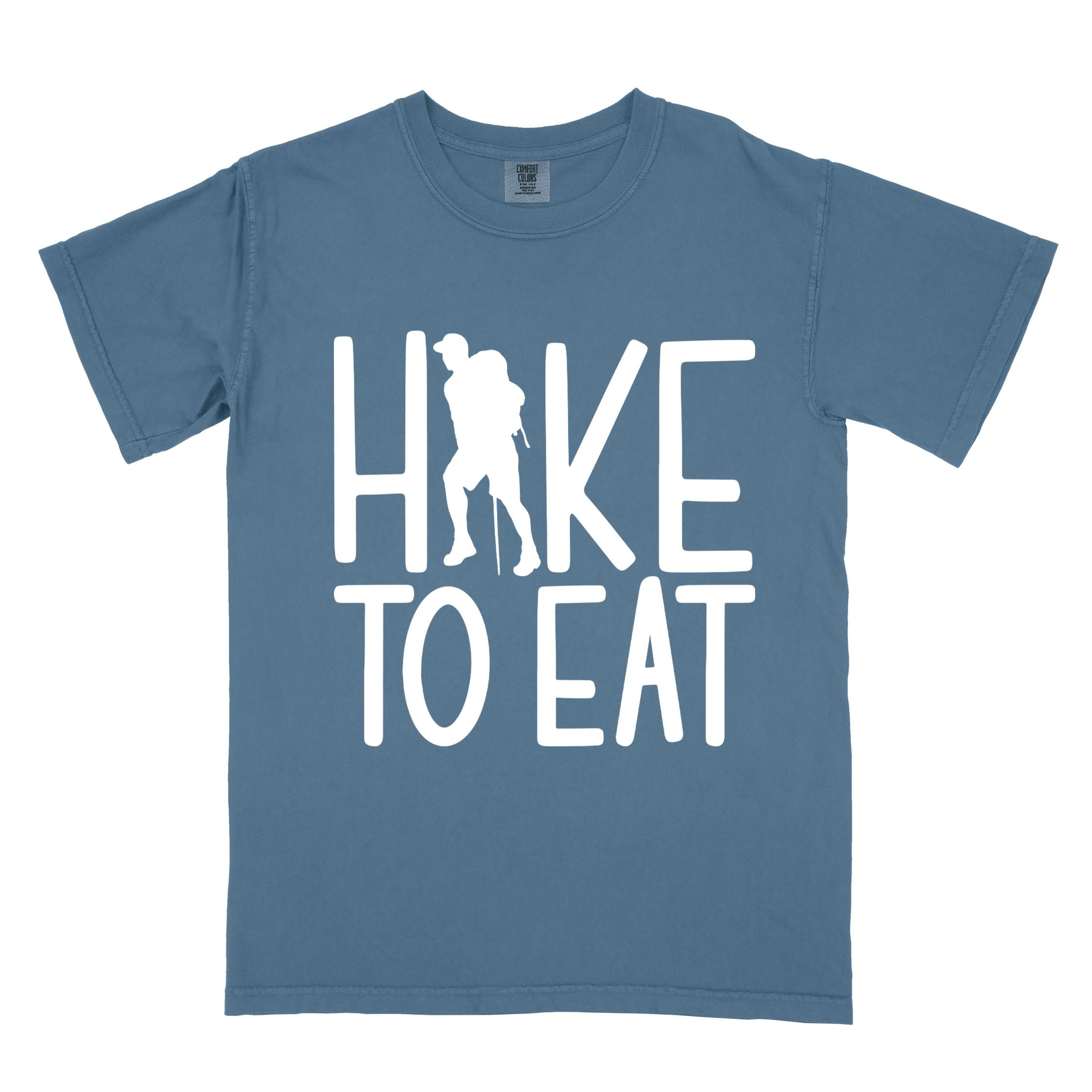blue jean "Hike to Eat" colored statement tee with bold typography, perfect for food motivated individuals.