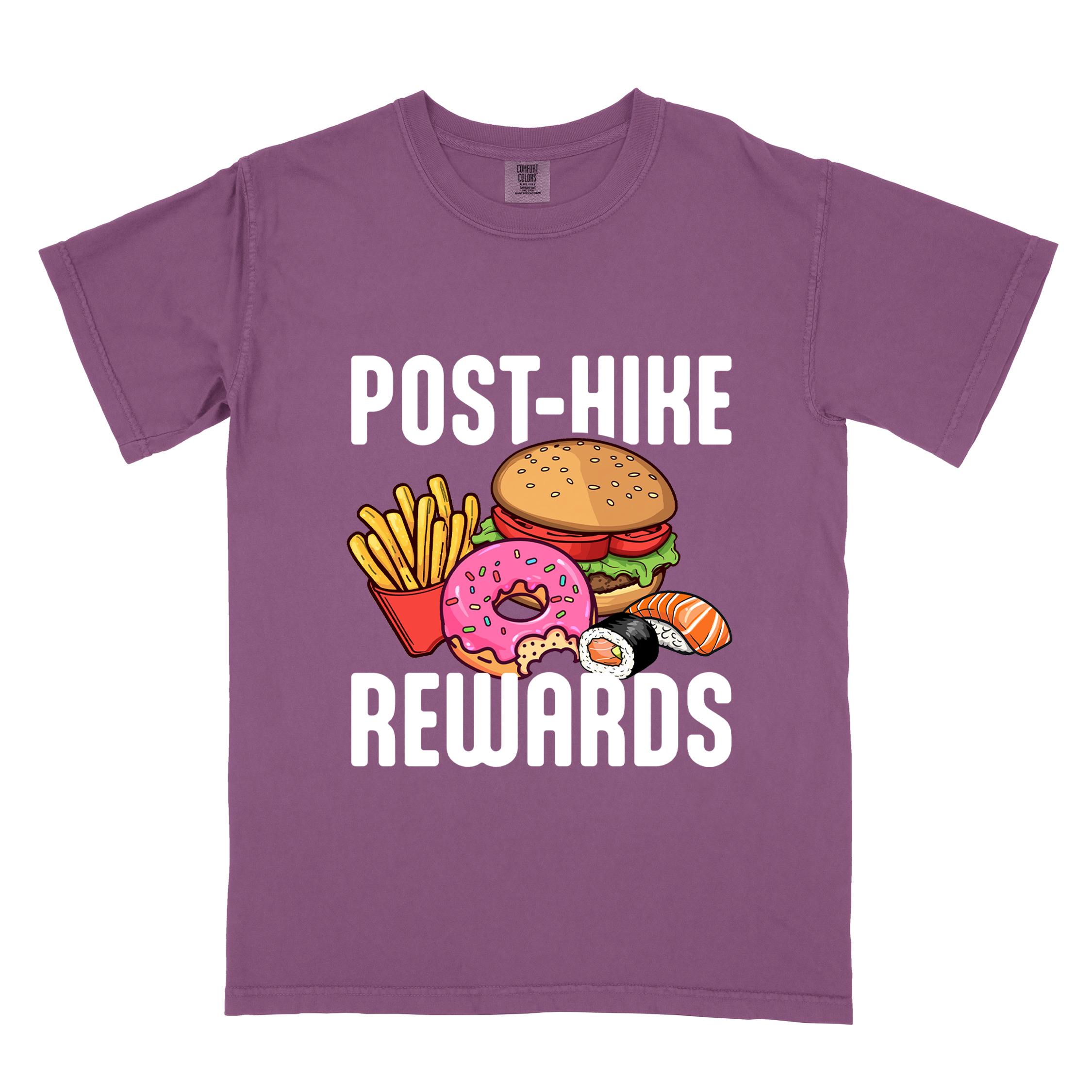 Berry "Post-hike rewards" colored statement tee with bold typography, mountains, birds, illustrated fast food meal, perfect for adventure motivated individuals and looking for post-hike meal.