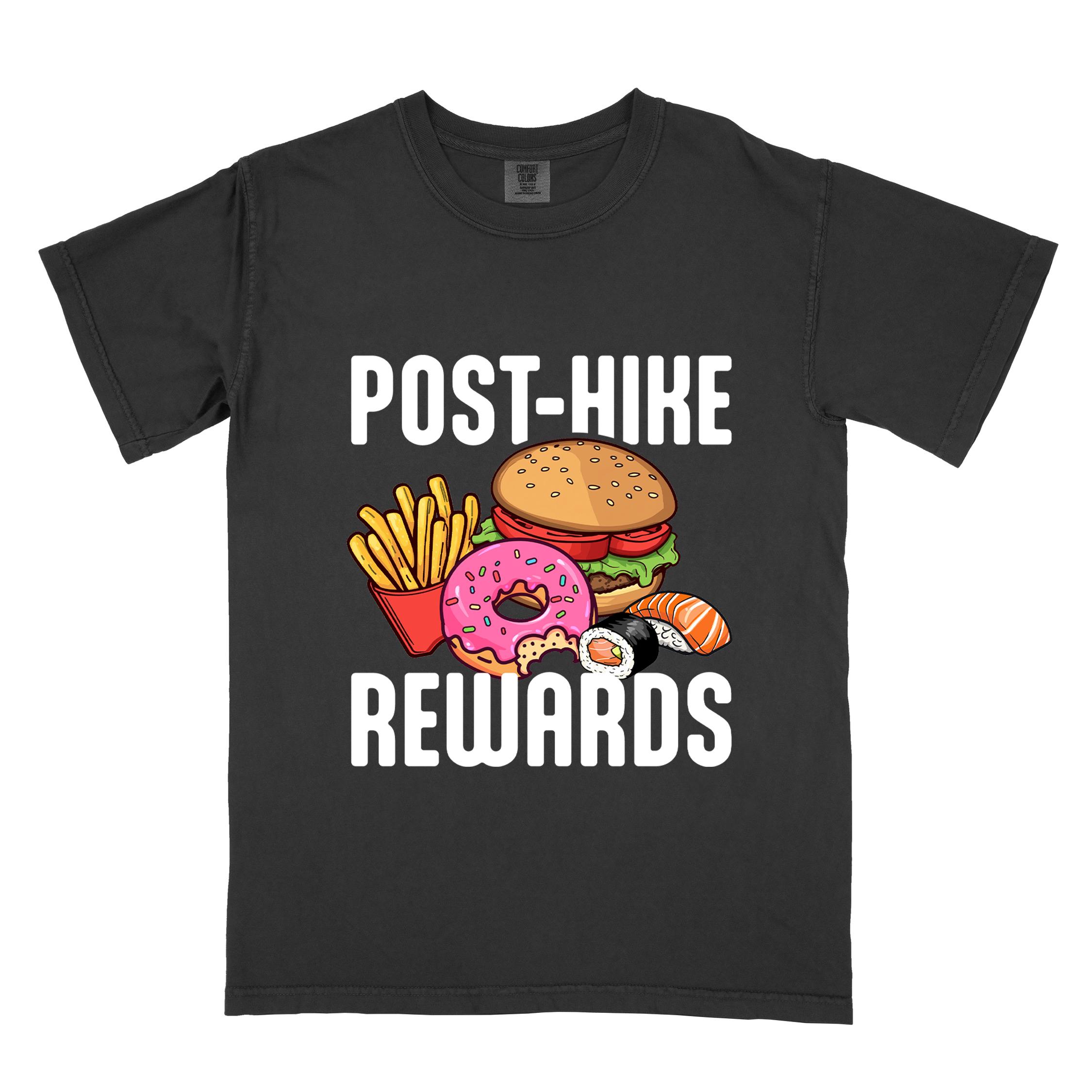 Black "Post-hike rewards" colored statement tee with bold typography, mountains, birds, illustrated fast food meal, perfect for adventure motivated individuals and looking for post-hike meal.