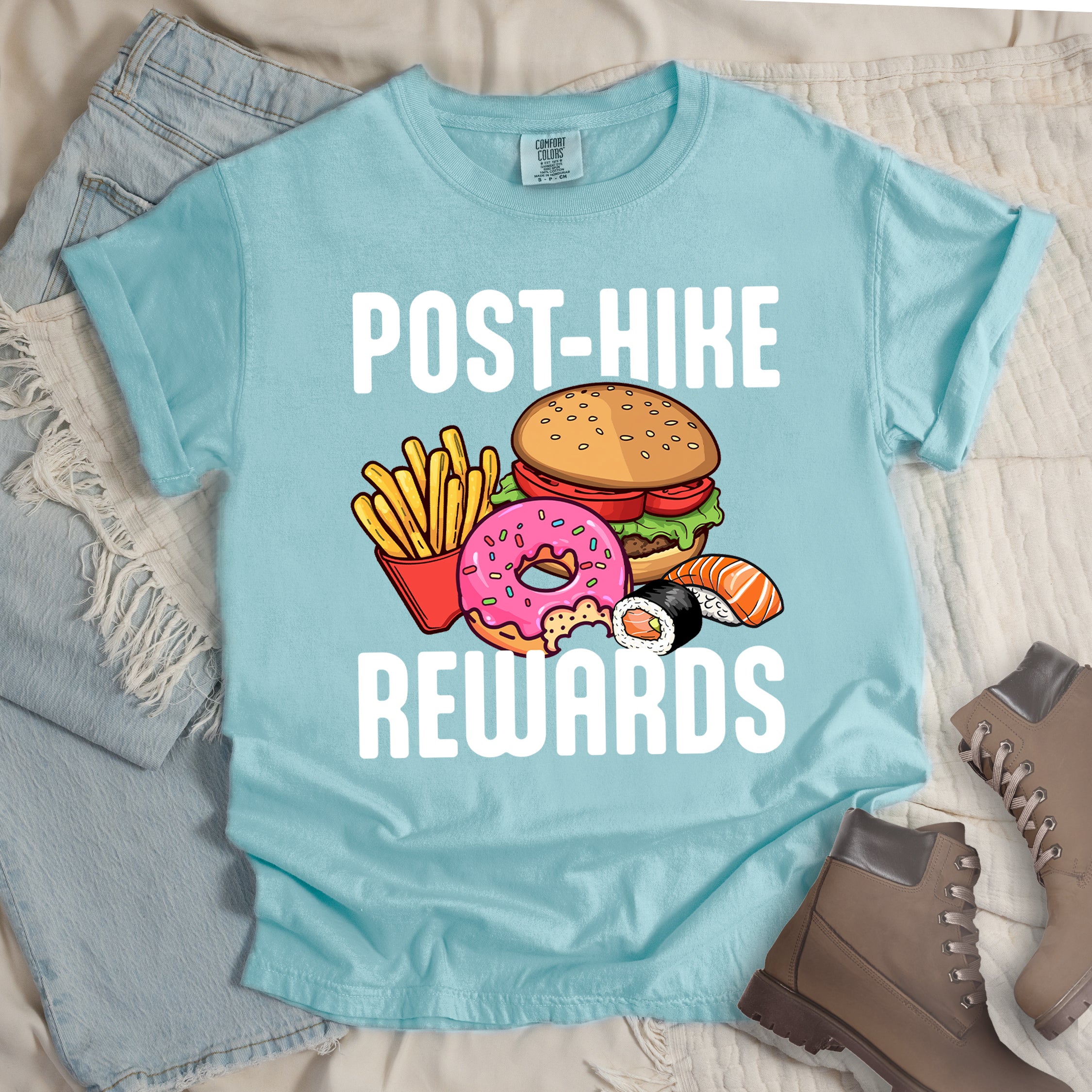 Chalky Mint (Pastel Blue) colored hiking shirt displaying white POST-HIKE REWARDS text with colorful burger, french fries, donut, and sushi illustrations