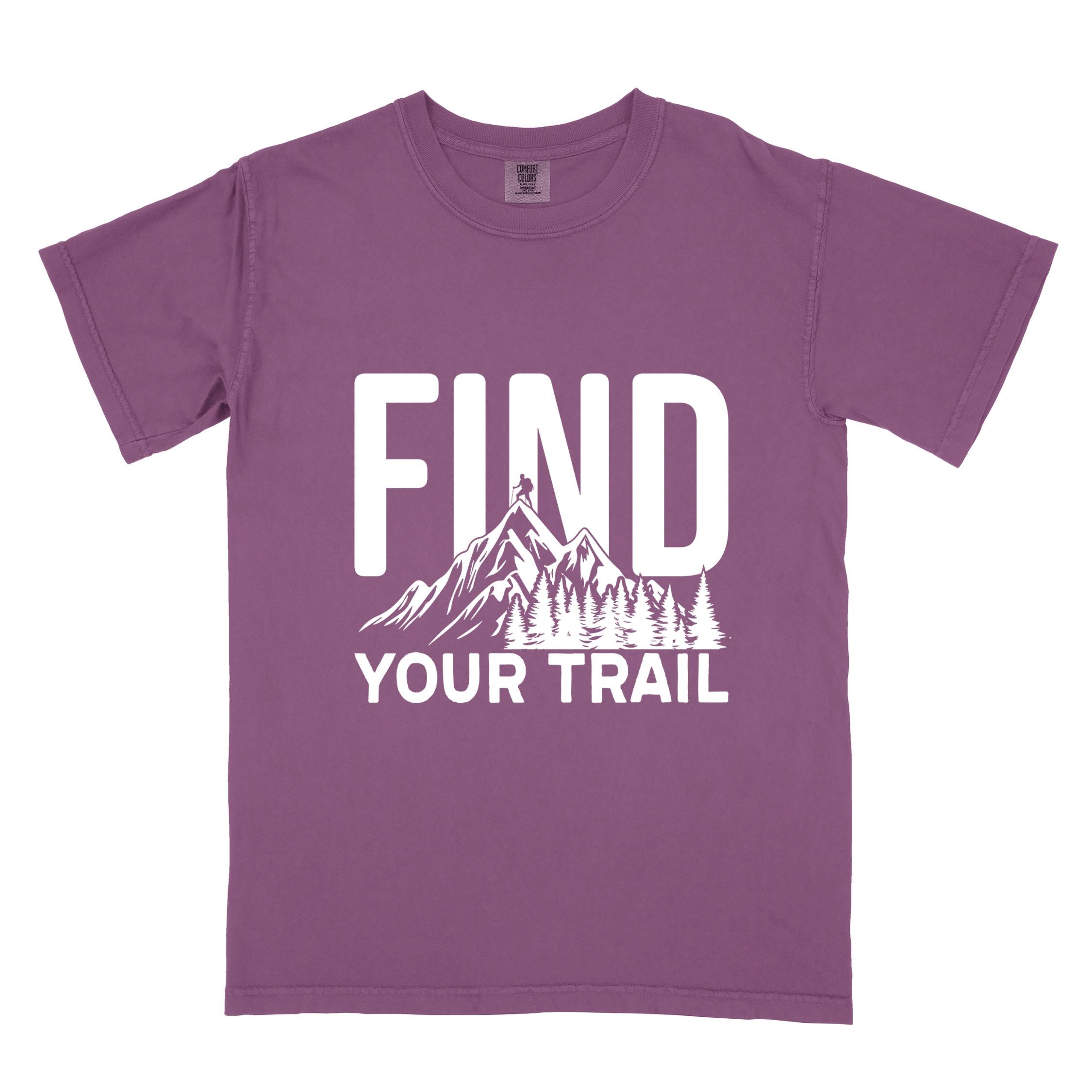 Berry "Find your trail" colored statement tee with bold typography, mountains, birds, perfect for adventure motivated individuals.