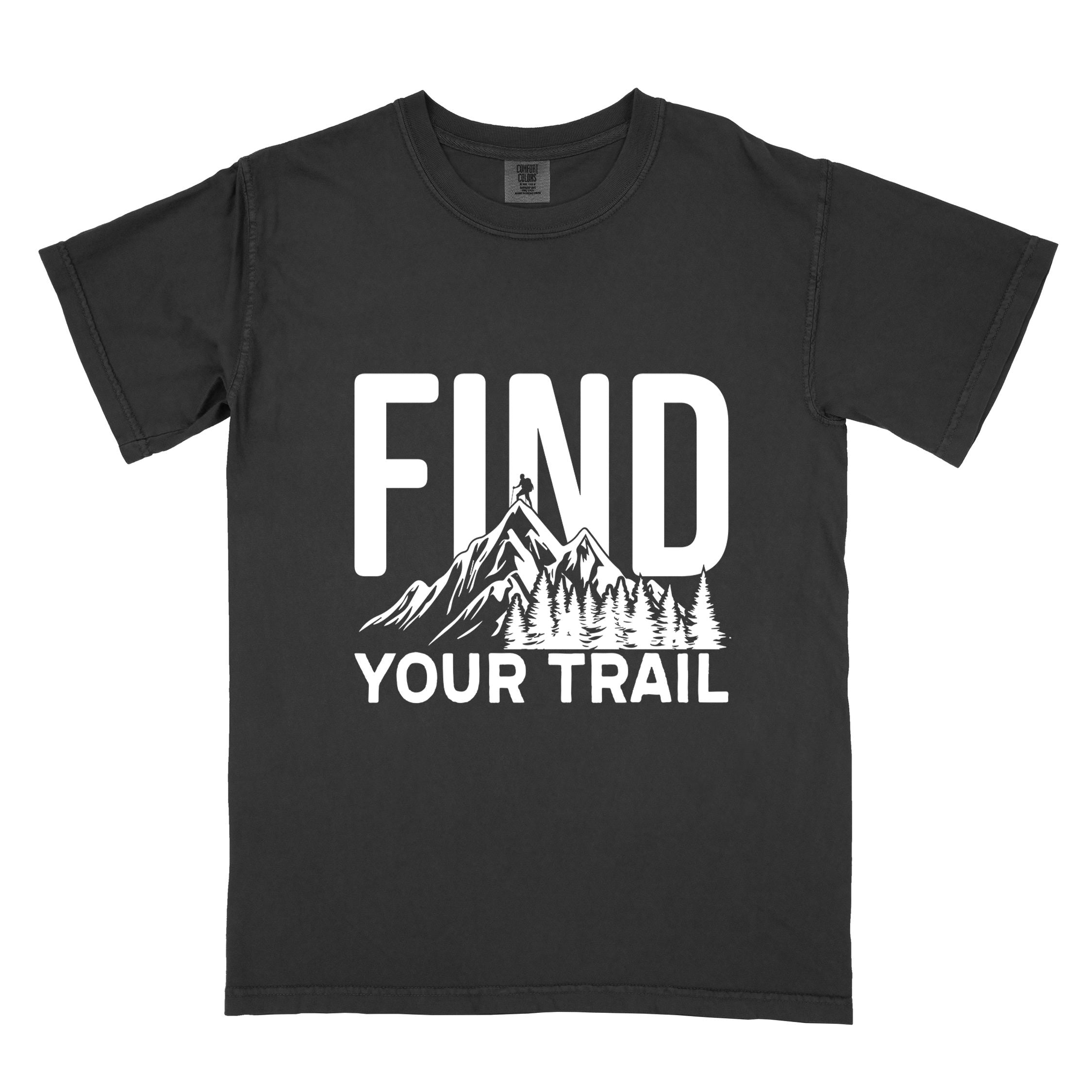 Black "Find your trail" colored statement tee with bold typography, mountains, birds, perfect for adventure motivated individuals.