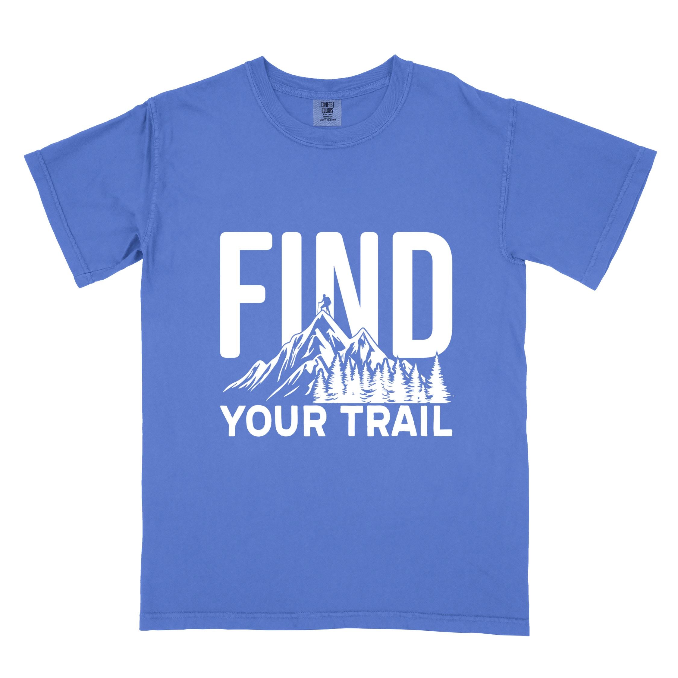 Flo blue "Find your trail" colored statement tee with bold typography, mountains, birds, perfect for adventure motivated individuals.