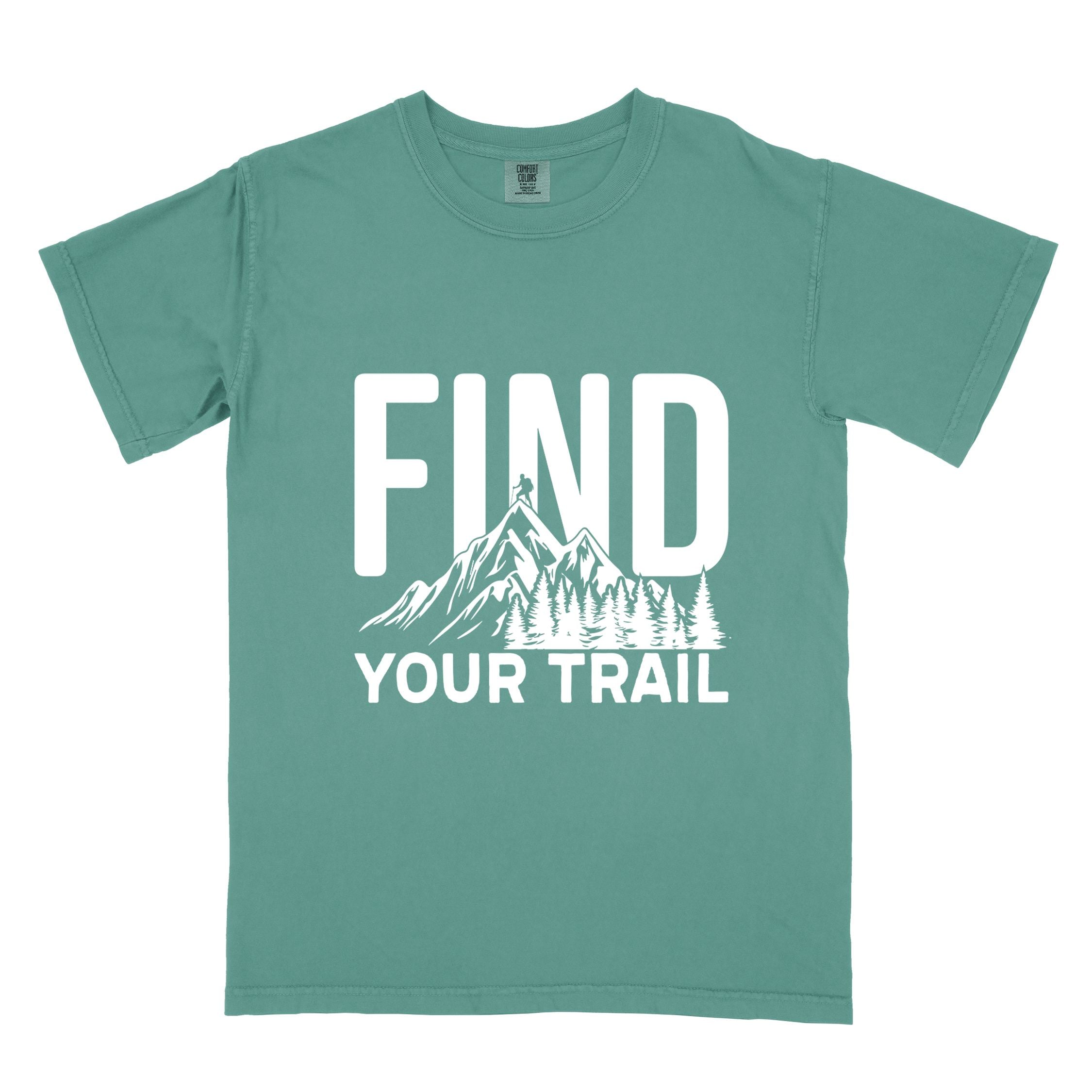Light green "Find your trail" colored statement tee with bold typography, mountains, birds, perfect for adventure motivated individuals.