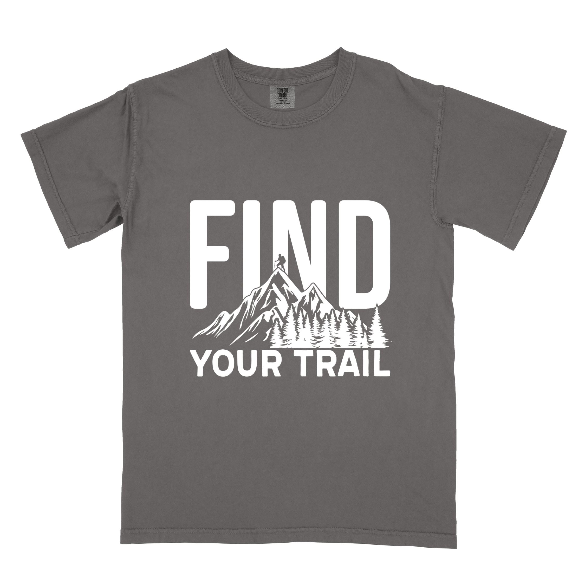 Pepper "Find your trail" colored statement tee with bold typography, mountains, birds, perfect for adventure motivated individuals.