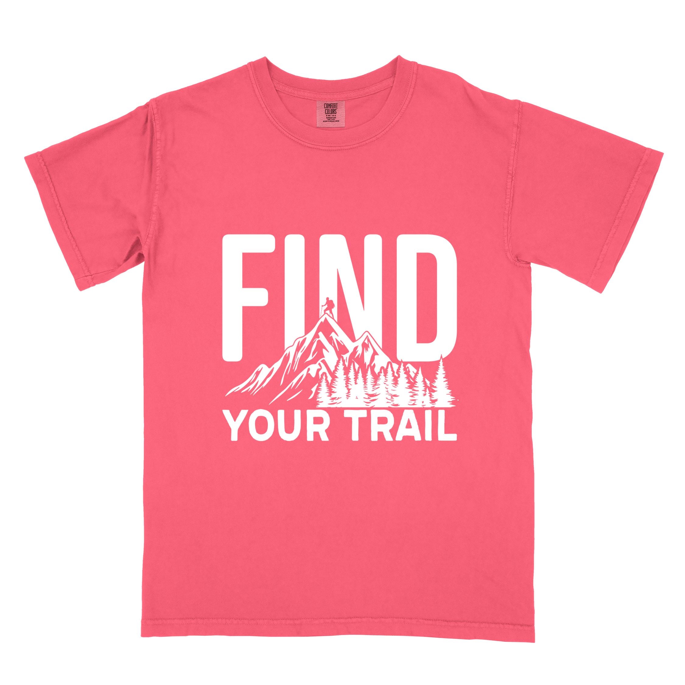Watermelon "Find your trail" colored statement tee with bold typography, mountains, birds, perfect for adventure motivated individuals.