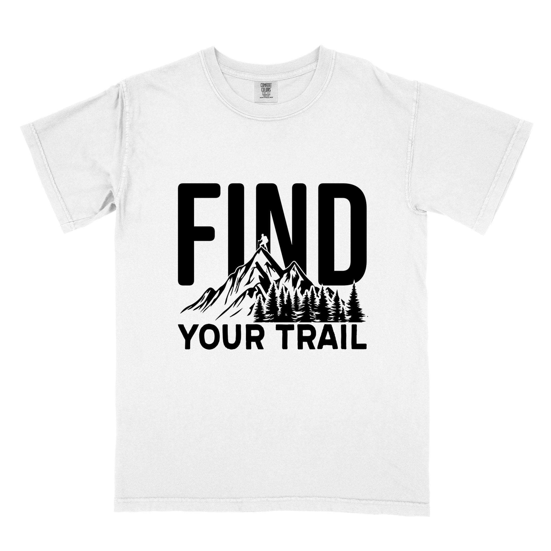 White  "Find your trail" colored statement tee with bold typography, mountains, birds, perfect for adventure motivated individuals.