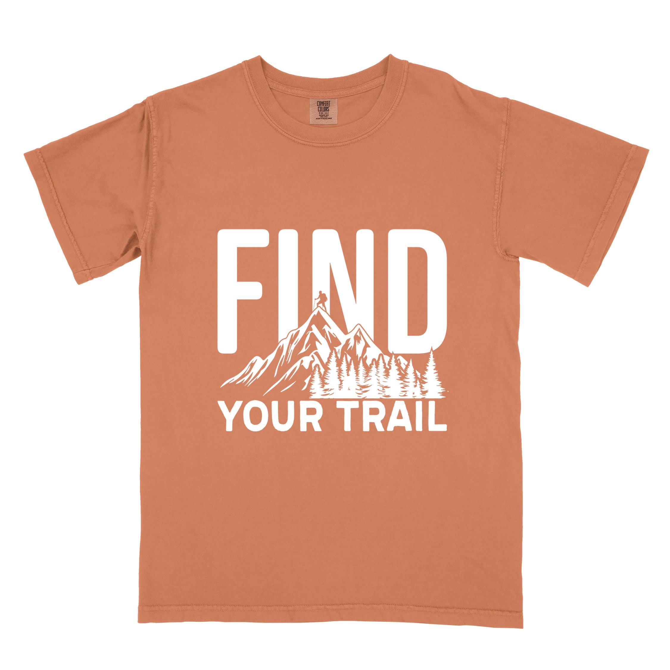 Yam "Find your trail" colored statement tee with bold typography, mountains, birds, perfect for adventure motivated individuals.