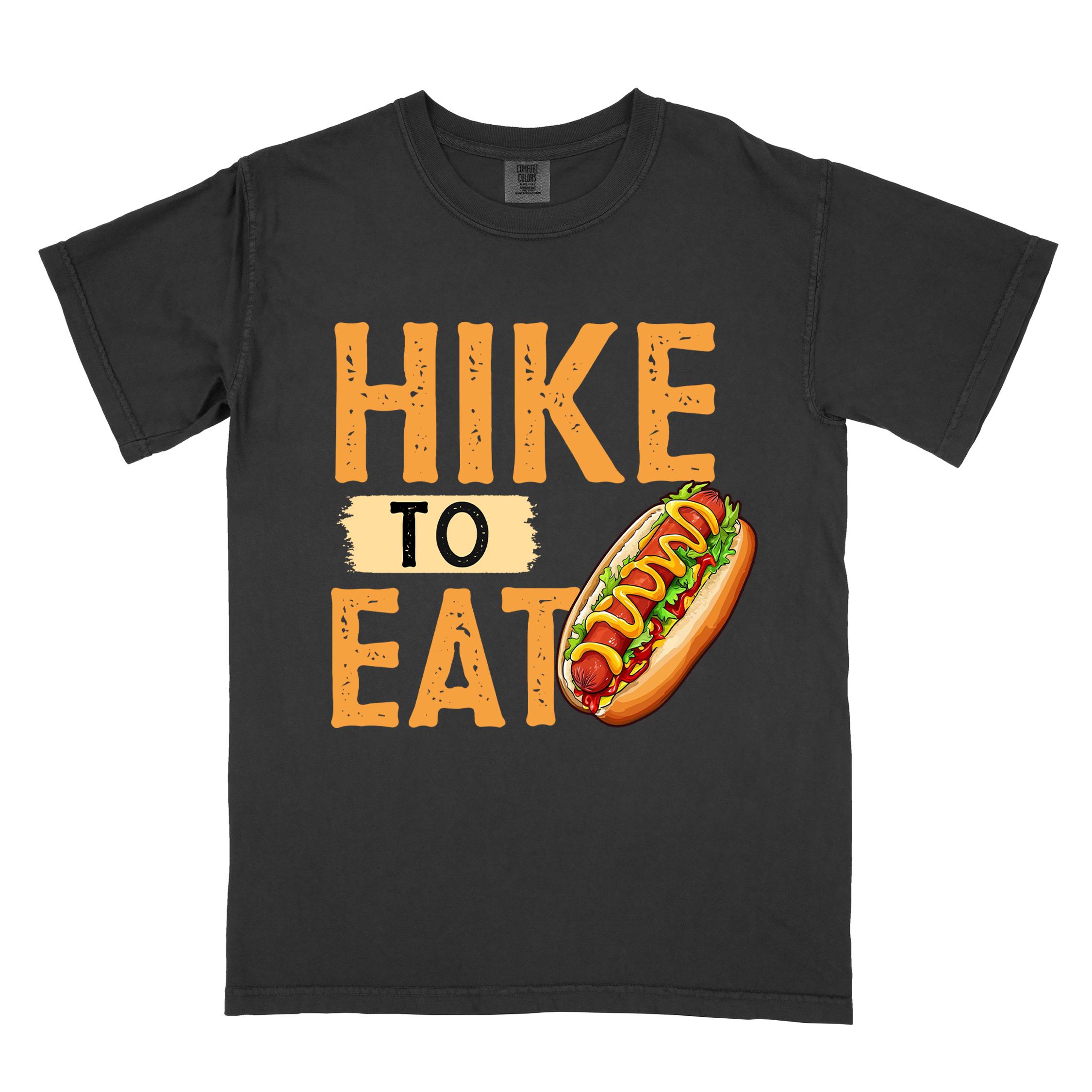 Black "Hike to Eat" colored vintage tee with bold typography, and illustrated hotdog with mustard and ketchup sauce.