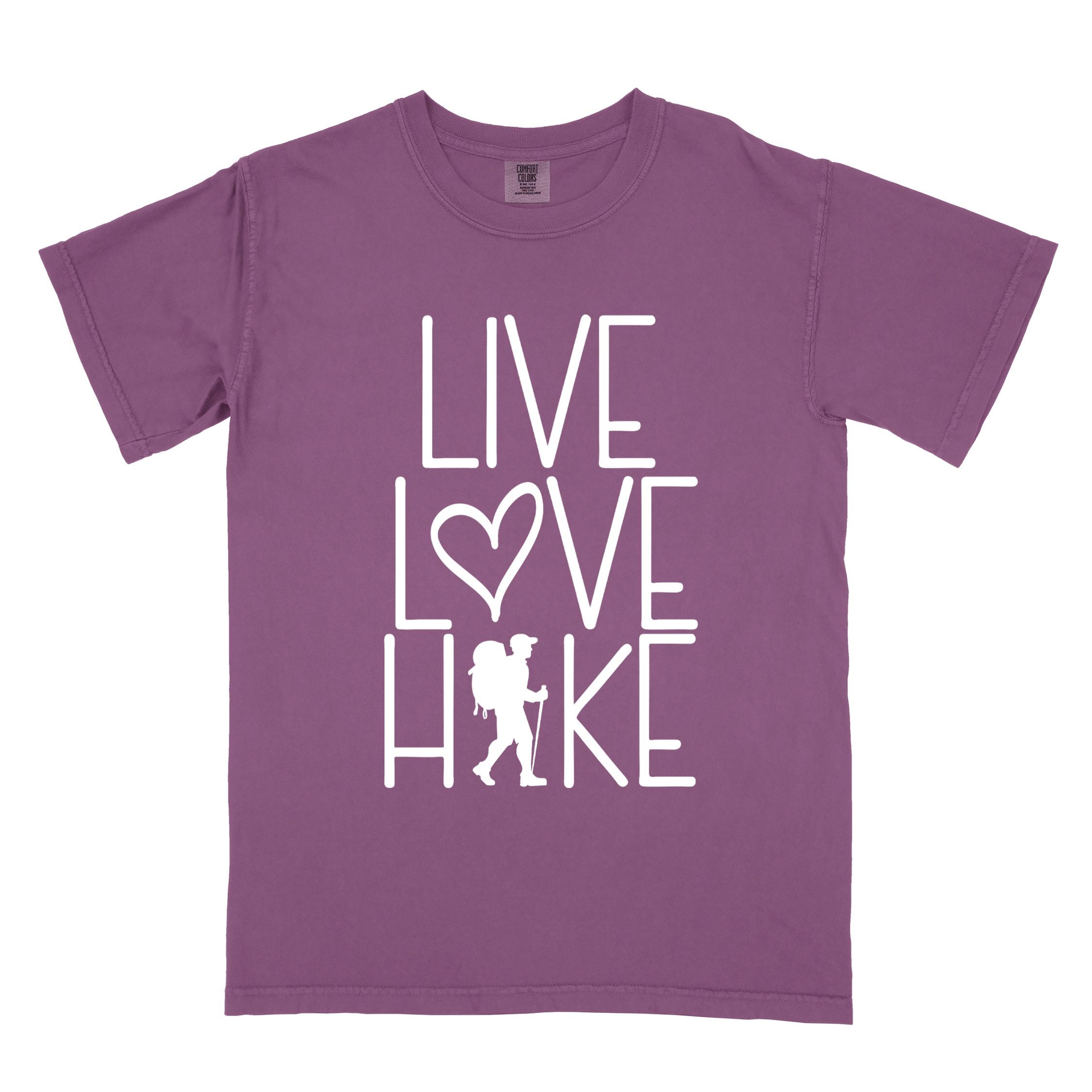 Berry "Live Love hike" colored statement tee with bold typography, perfect for adventure motivated individuals.