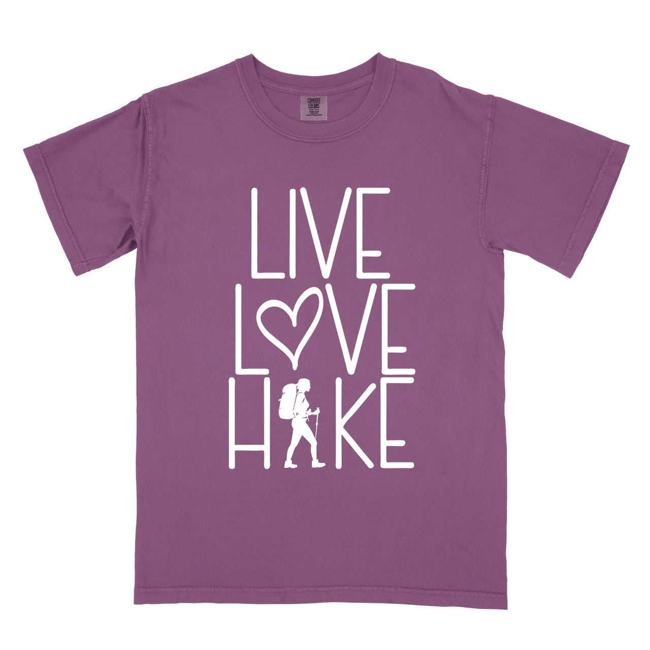 Berry Women's hiking lifestyle shirt Live Love Hike with minimalist stacked typography heart symbol and female hiker silhouette on Comfort Colors tee for outdoor enthusiasts celebrating trail passion and for hikers and foodies