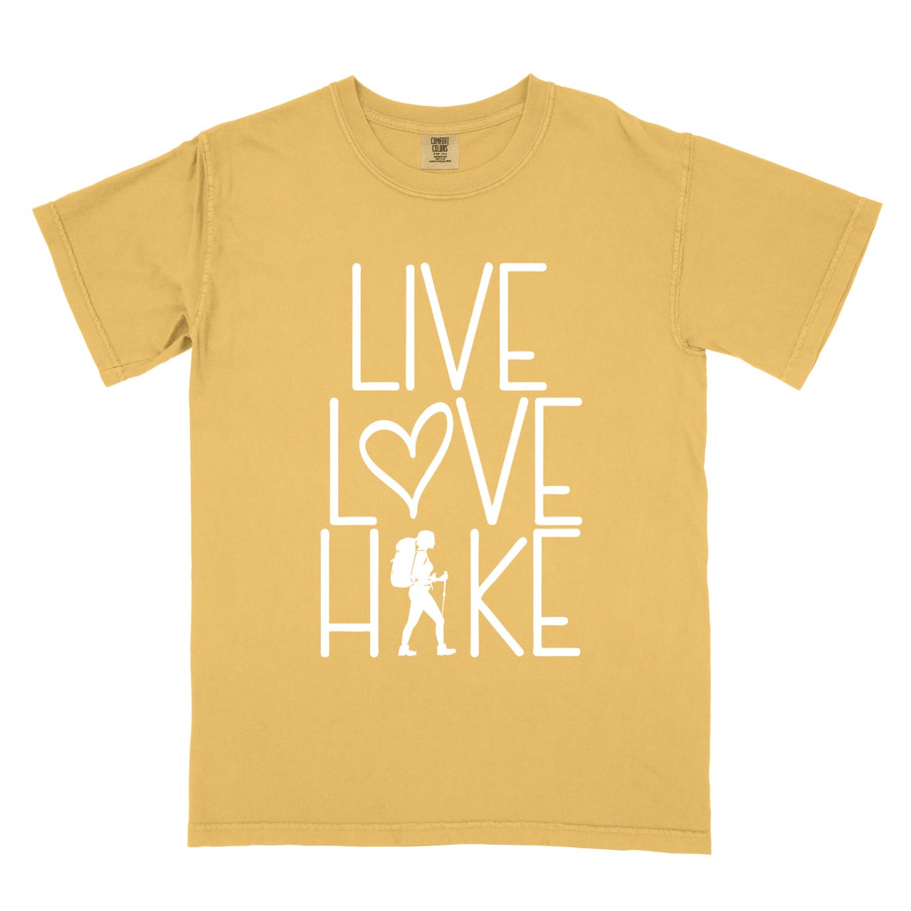 Mustard Women's hiking lifestyle shirt Live Love Hike with minimalist stacked typography heart symbol and female hiker silhouette on Comfort Colors tee for outdoor enthusiasts celebrating trail passion and for hikers and foodies