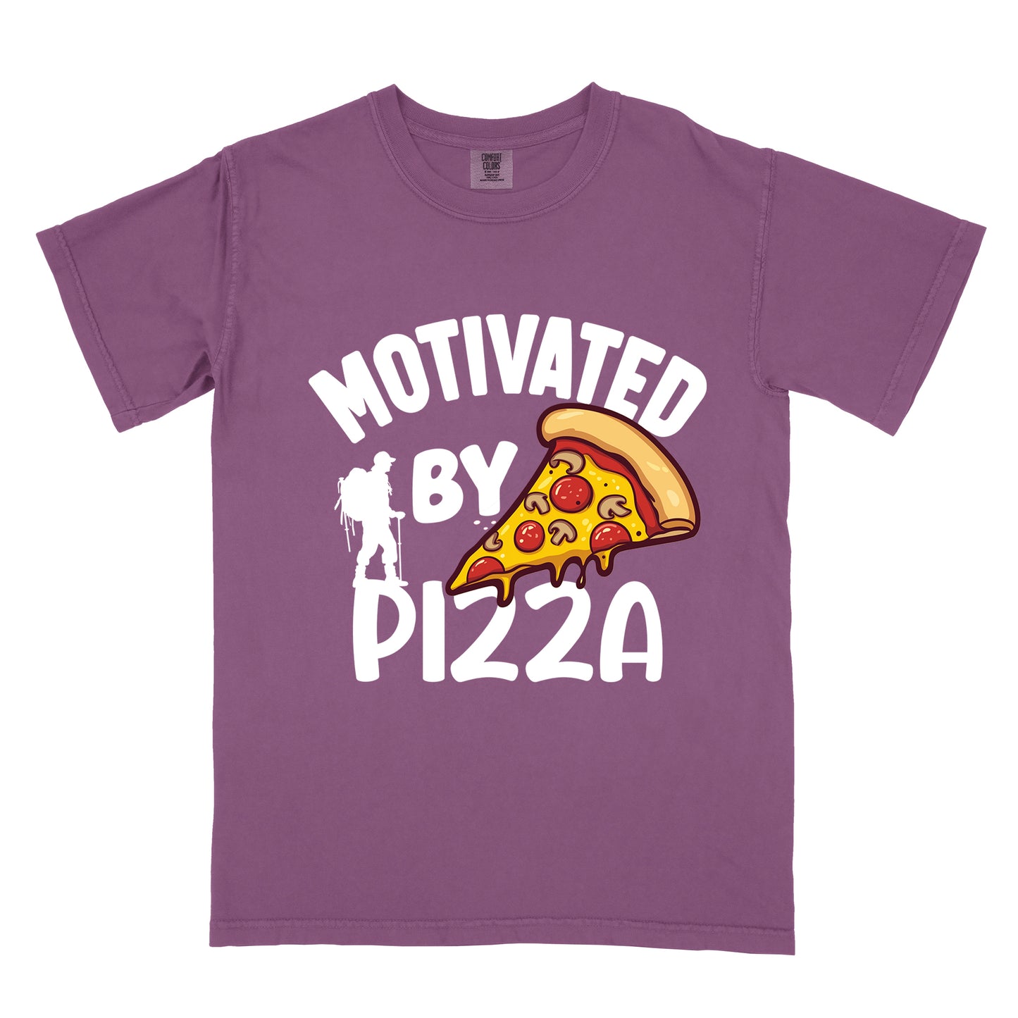 Berry (Dark Violet) t-shirt with white text reading "MOTIVATED BY PIZZA" across the front. A colorful pizza slice illustration with pepperoni and cheese appears to the right of "BY". A white silhouette of a hiker with backpack is positioned to the left of "BY" and above the "PIZZA" text.