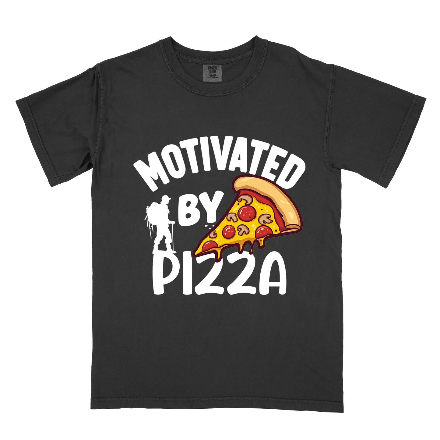 Black t-shirt with white text reading "MOTIVATED BY PIZZA" across the front. A colorful pizza slice illustration with pepperoni and cheese appears to the right of "BY". A white silhouette of a hiker with backpack is positioned to the left of "BY" and above the "PIZZA" text.