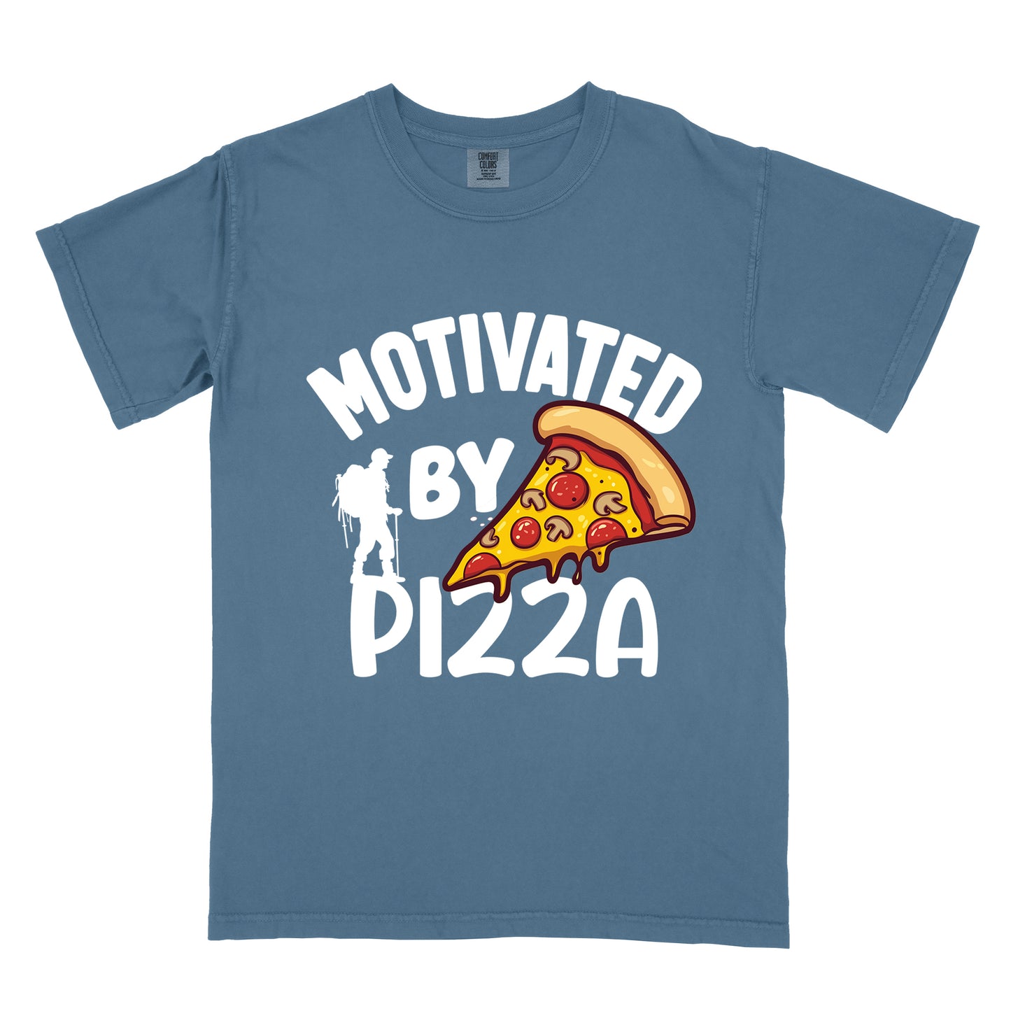 Blue Jean (Denim Blue) t-shirt with white text reading "MOTIVATED BY PIZZA" across the front. A colorful pizza slice illustration with pepperoni and cheese appears to the right of "BY". A white silhouette of a hiker with backpack is positioned to the left of "BY" and above the "PIZZA" text.