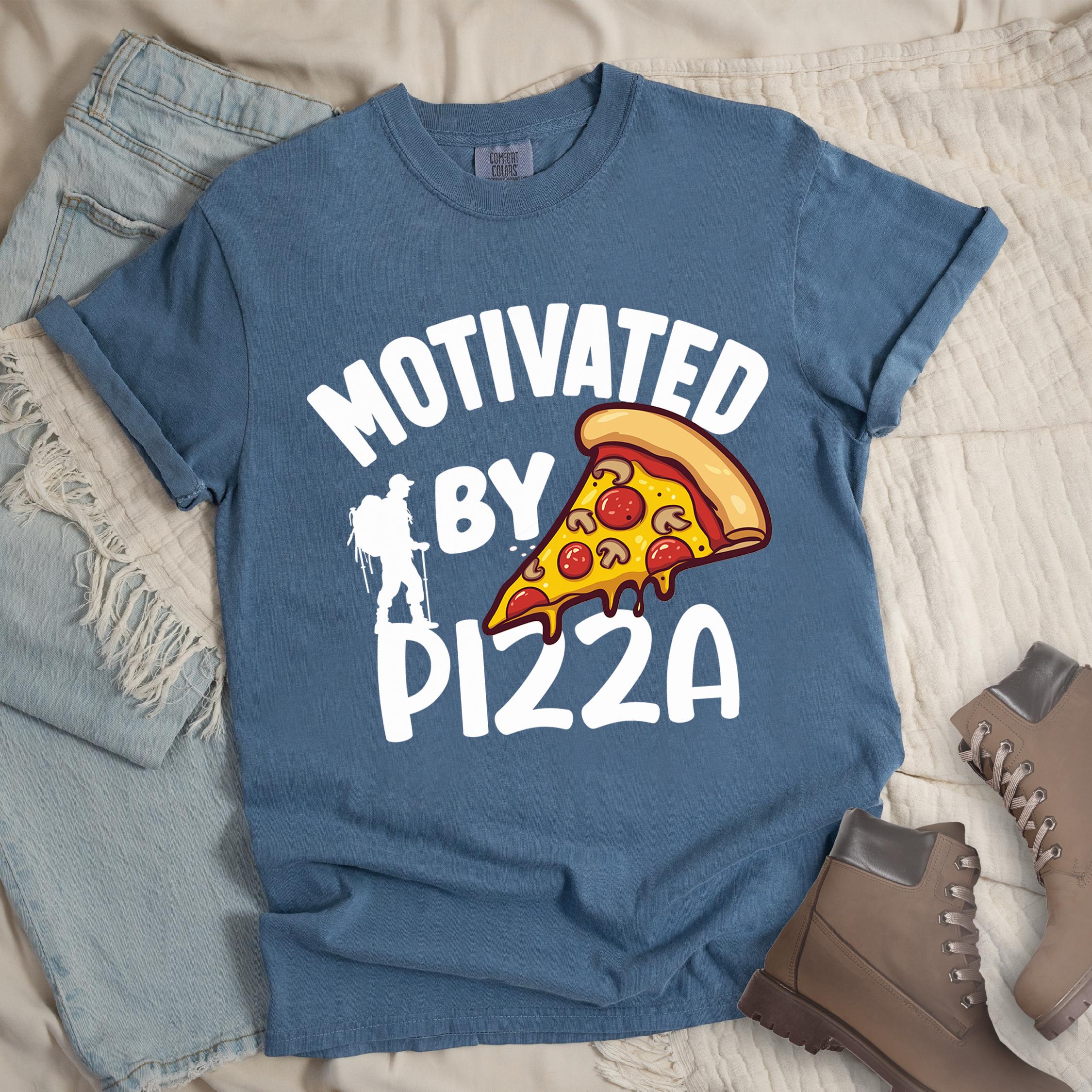 Dark blue shirt showing a hiking design with 'Motivated By Pizza' phrase and an illustration of a slice of pizza