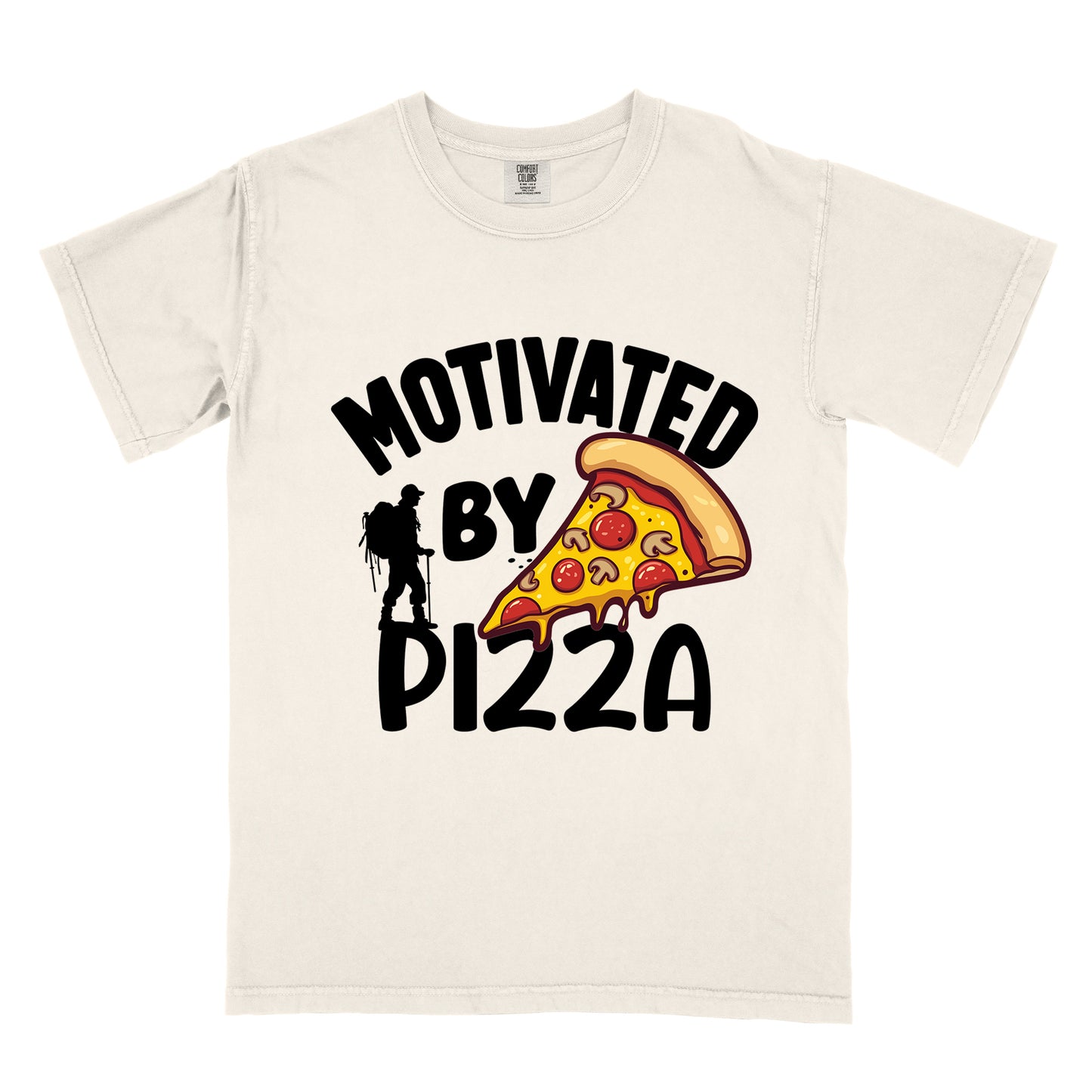 Ivory (Cream White) t-shirt with black text reading "MOTIVATED BY PIZZA" across the front. A colorful pizza slice illustration with pepperoni and cheese appears to the right of "BY". A black silhouette of a hiker with backpack is positioned to the left of "BY" and above the "PIZZA" text.