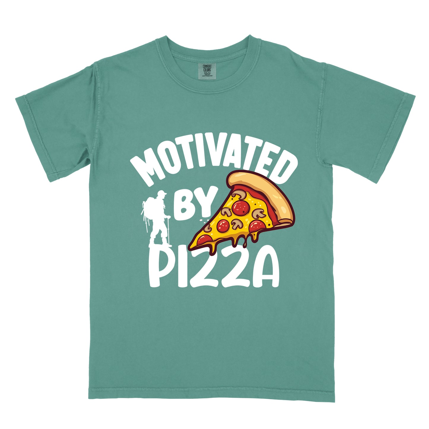 Light Green t-shirt with white text reading "MOTIVATED BY PIZZA" across the front. A colorful pizza slice illustration with pepperoni and cheese appears to the right of "BY". A white silhouette of a hiker with backpack is positioned to the left of "BY" and above the "PIZZA" text.
