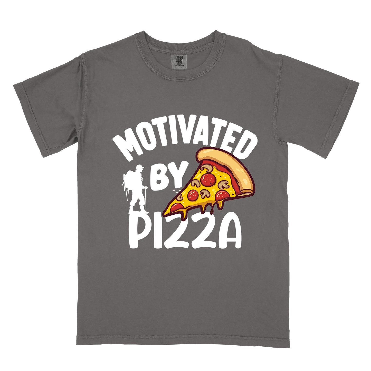 Pepper (Dark Gray) t-shirt with white text reading "MOTIVATED BY PIZZA" across the front. A colorful pizza slice illustration with pepperoni and cheese appears to the right of "BY". A white silhouette of a hiker with backpack is positioned to the left of "BY" and above the "PIZZA" text.