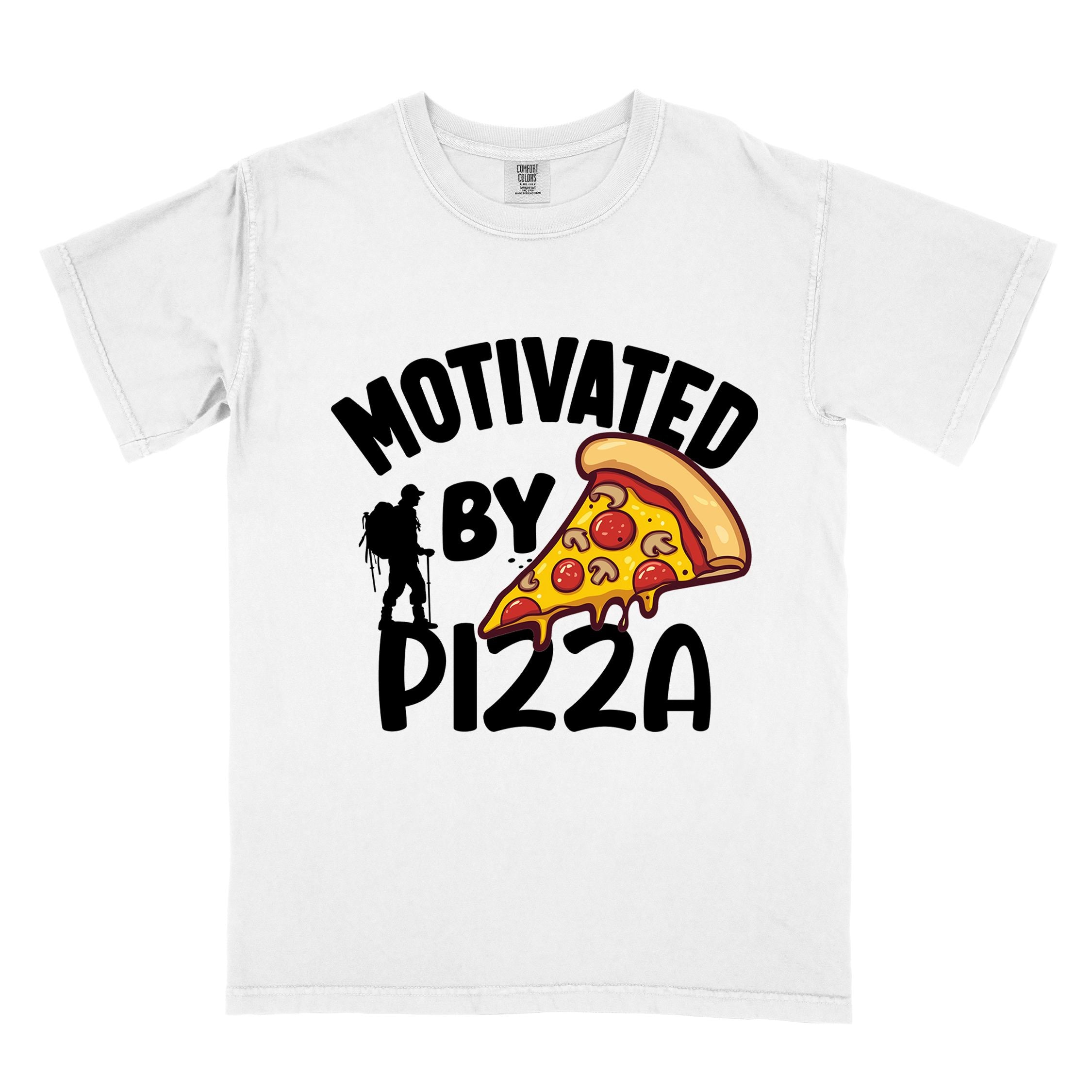 White Motivated by Pizza colored vintage tee with bold typography, illustrated pizza slice, and backpacker for foodies.