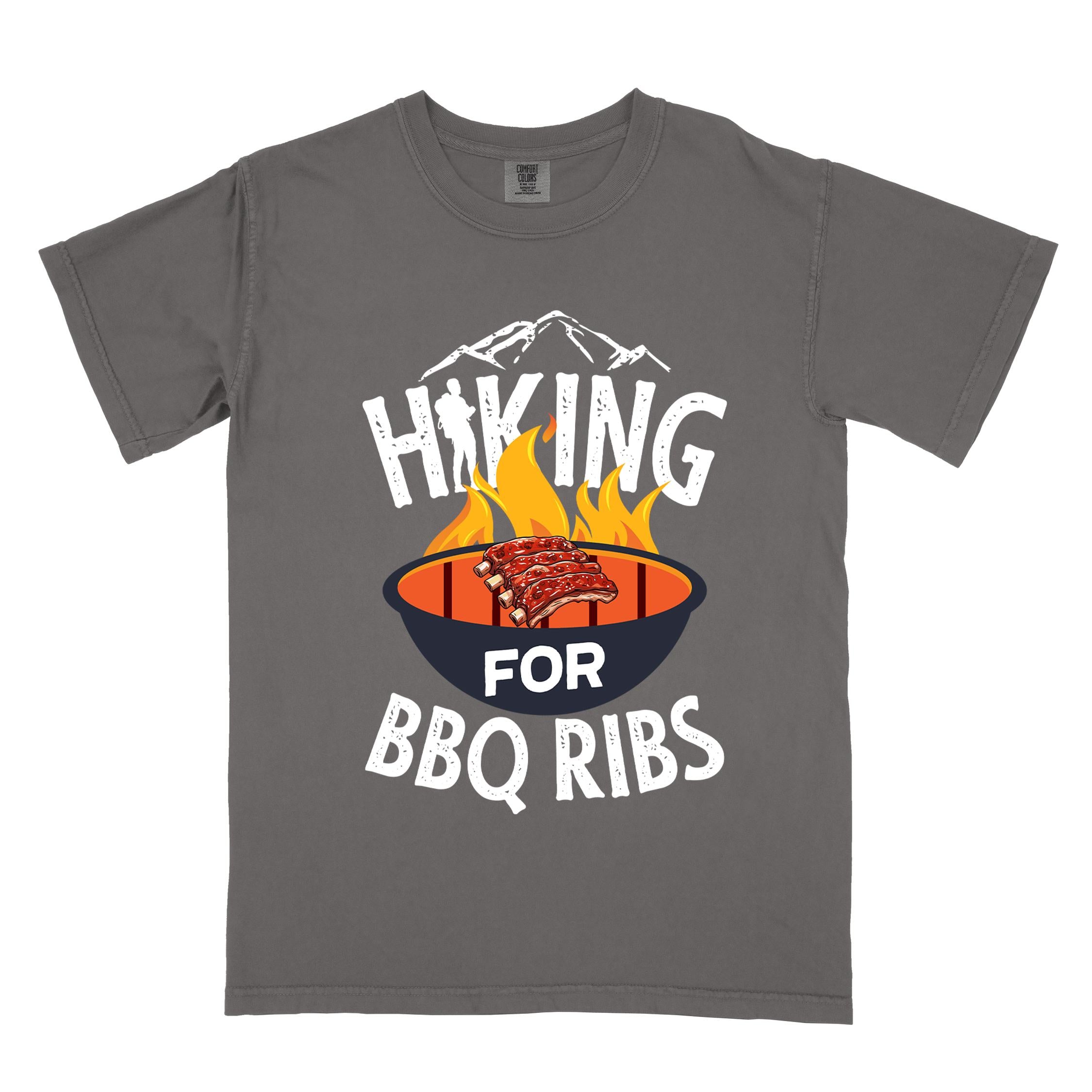 Pepper Hiking for BBQ ribs colored vintage tee with bold typography, illustrated grilling bbq ribs, mountains, birds, and bbq enthusiasts