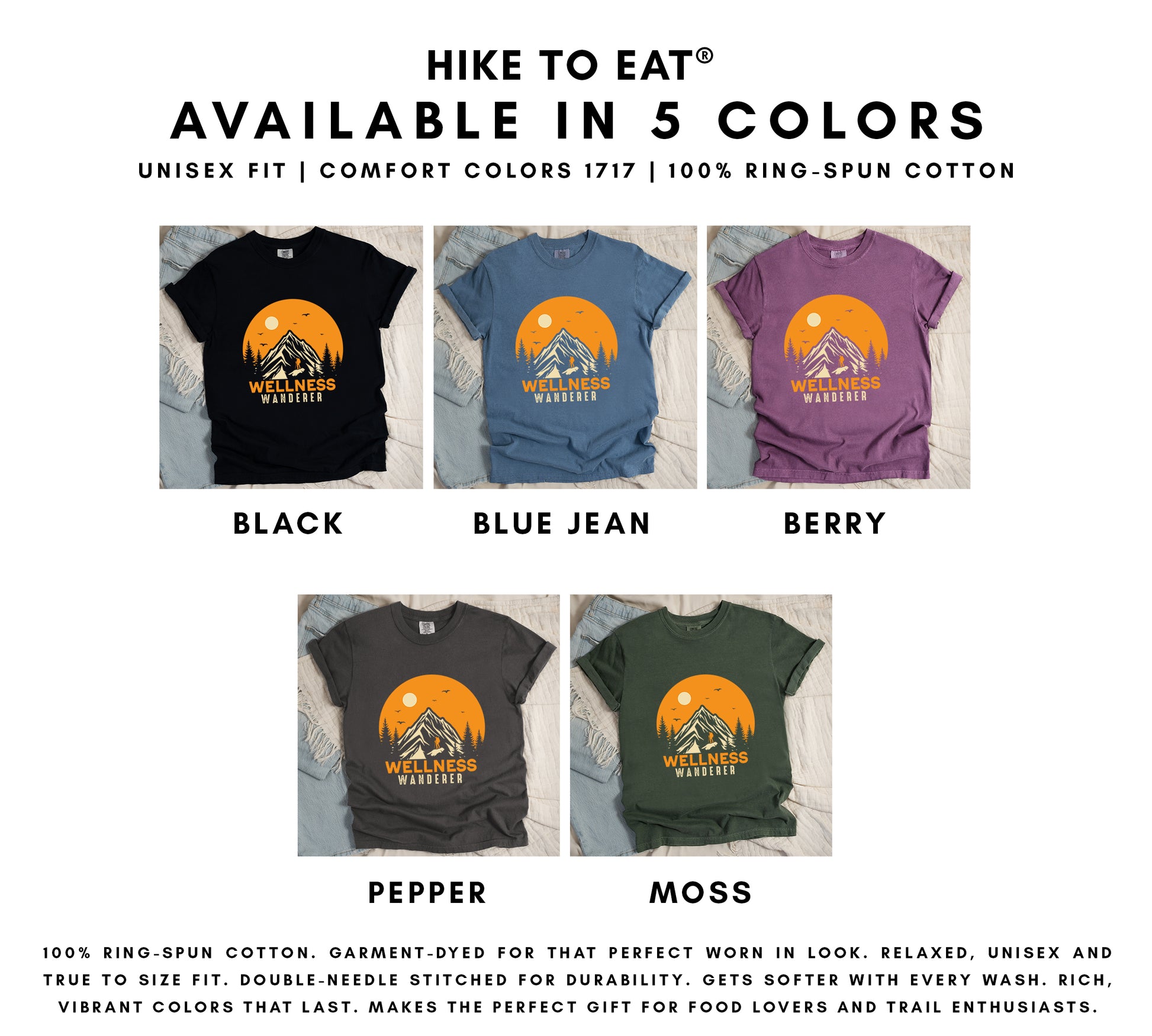 Wellness Wanderer t-shirt color options chart showing 5 available colors: black, blue jean, berry, pepper, and moss with orange circular sunset design featuring mountains, pine trees, and hiker silhouette.