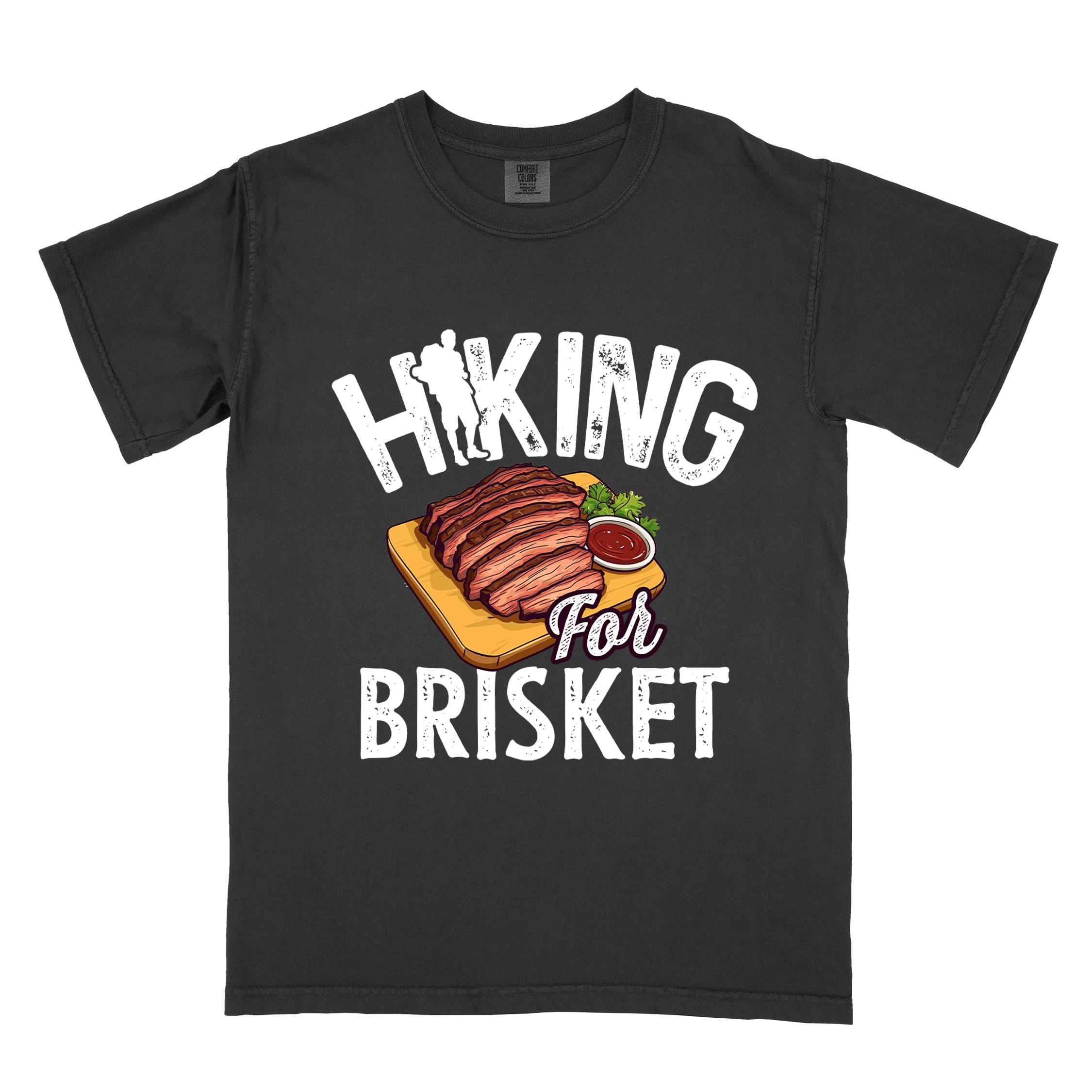 Black Hiking for brisket colored vintage tee with bold typography, illustrated sliced brisket, birds, and backpacker for brisket lovers