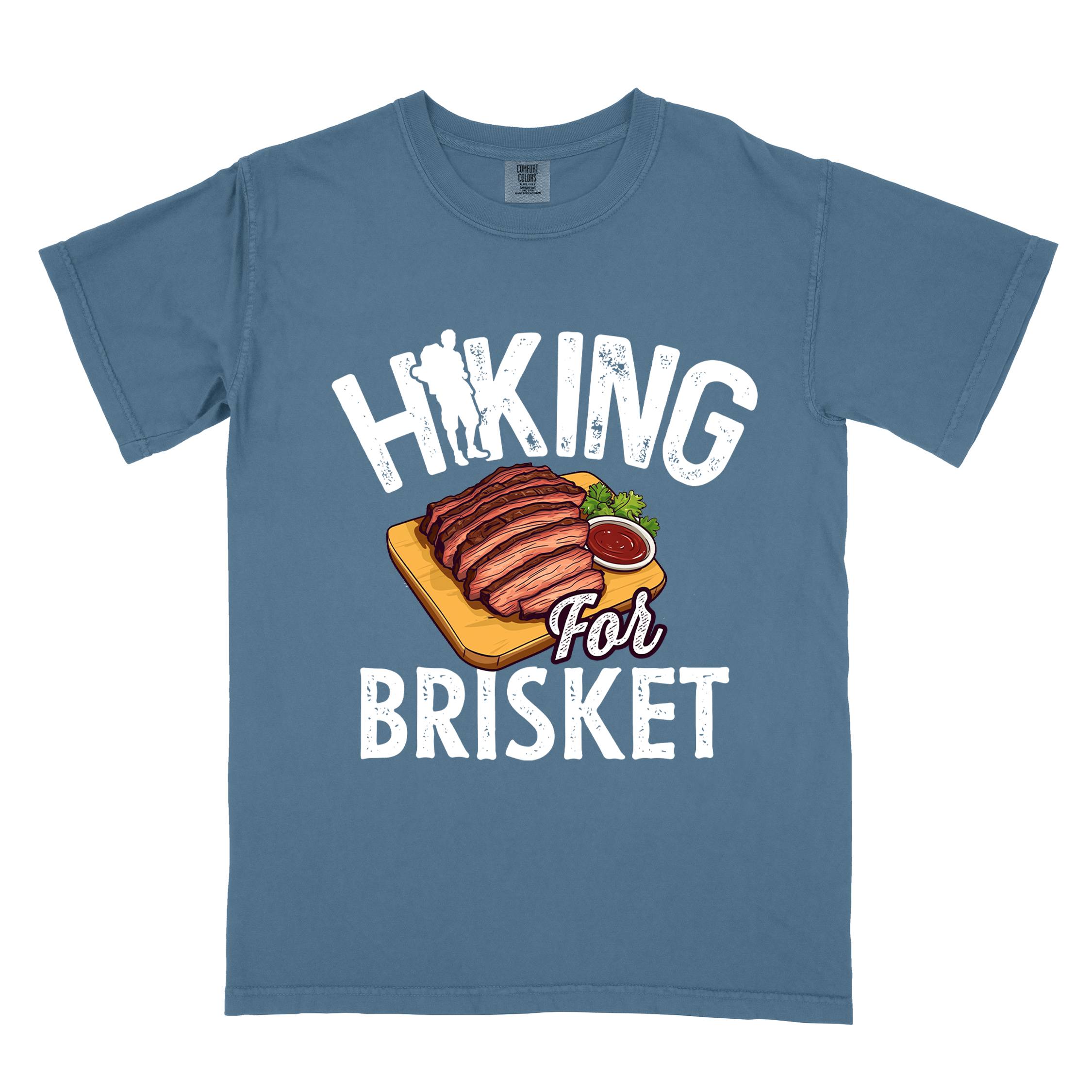 Blue jean Hiking for brisket colored vintage tee with bold typography, illustrated sliced brisket, birds, and backpacker for brisket lovers