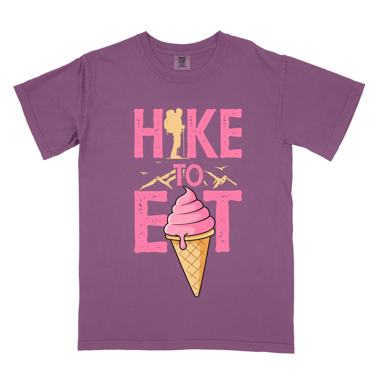 berry (purple) Hike to Eat brand logo t-shirt with distressed pink typography, hiker silhouette integrated into letters, mountain peaks, flying birds, and soft-serve ice cream cone illustration for dessert-loving outdoor enthusiasts