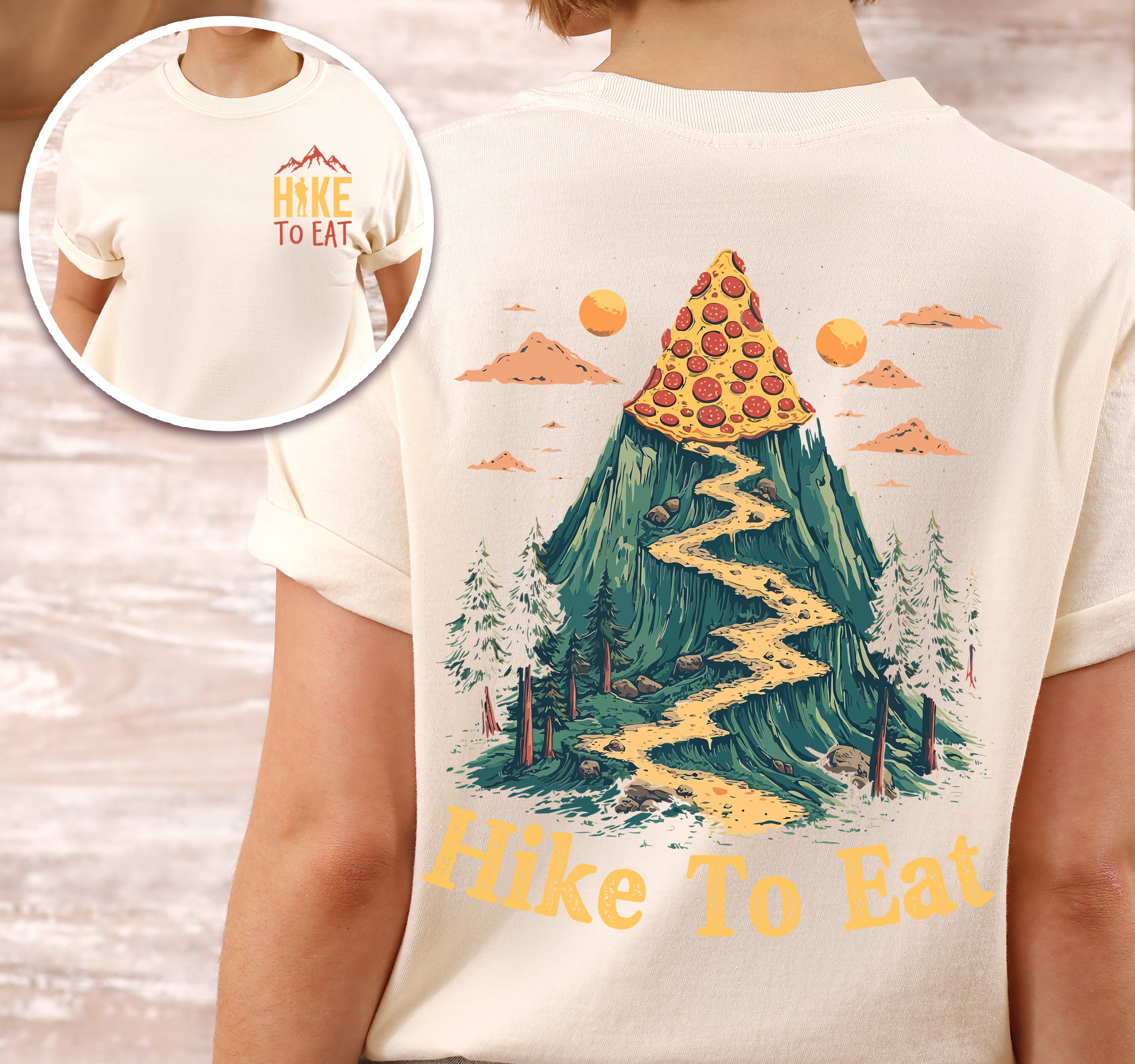 Ivory (Cream White) Hike to Eat t-shirt front and back view showing small chest logo and large back design featuring pizza slice mountain peak with winding trail and pine trees