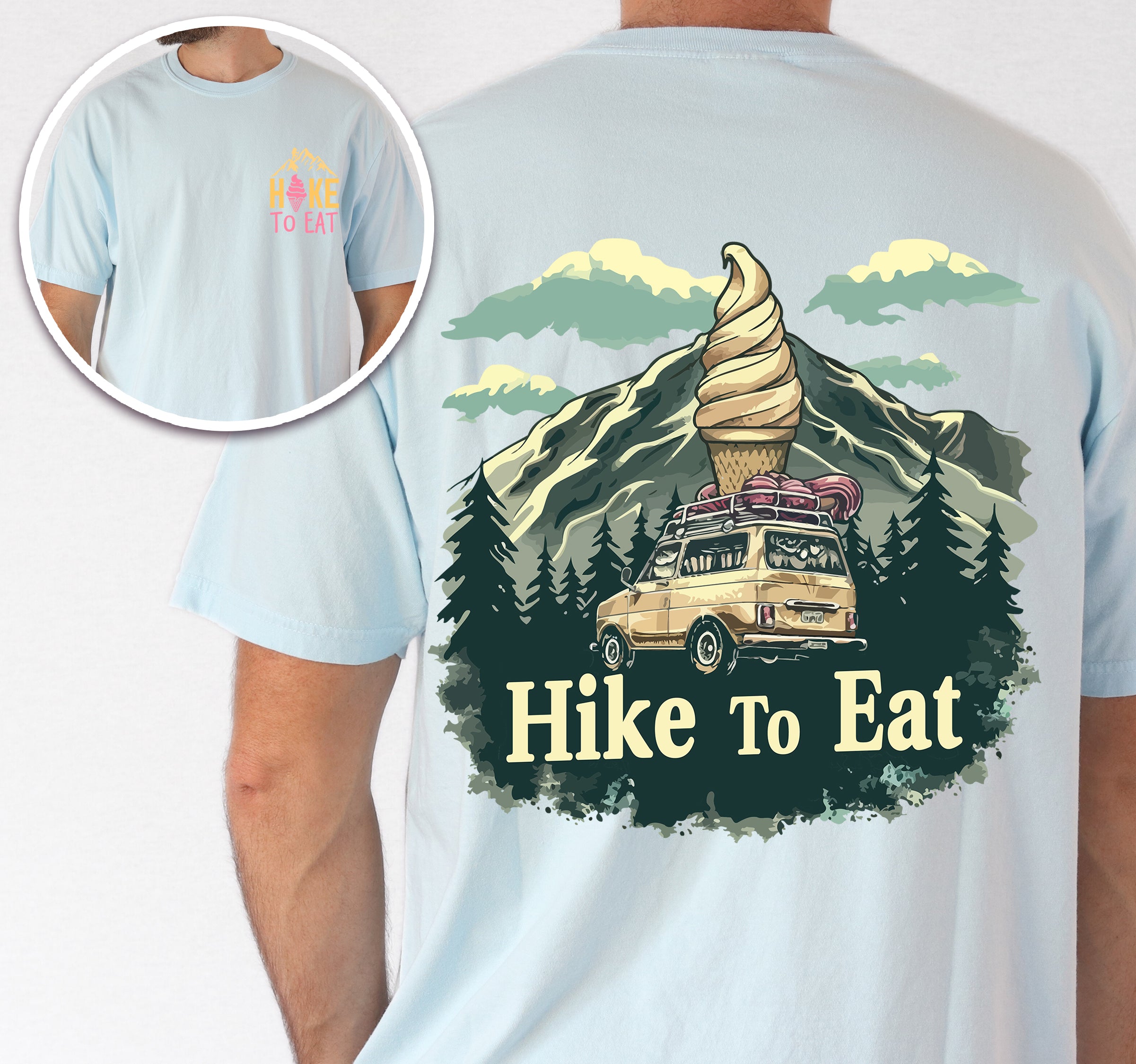 Chambray (Light Blue) Hike to Eat t-shirt front and back view showing small chest logo and large back design featuring ice cream cone mountain peak with vintage camping van and pine trees