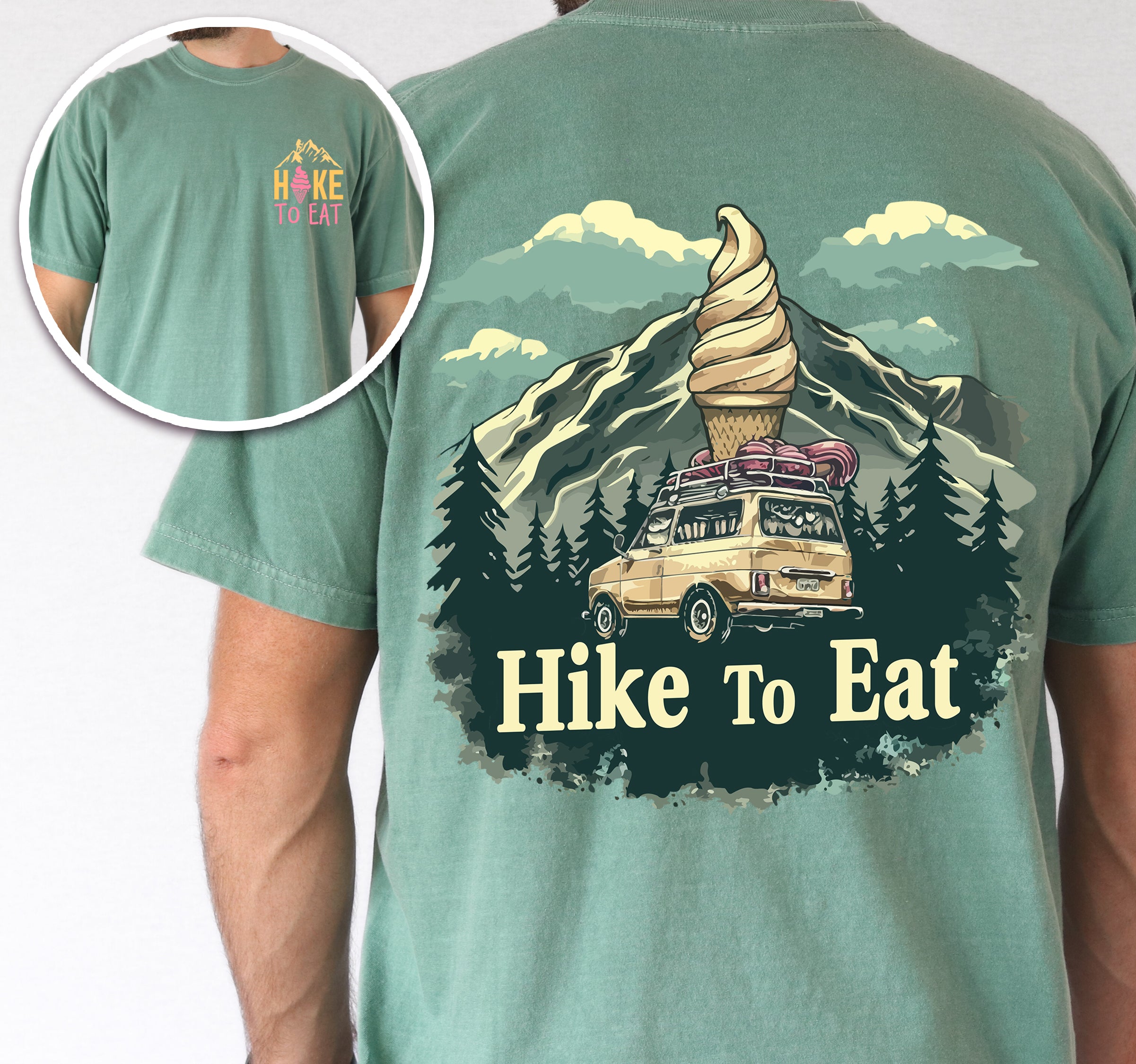 Light Green Hike to Eat t-shirt front and back view showing small chest logo and large back design featuring ice cream cone mountain peak with vintage camping van and pine trees