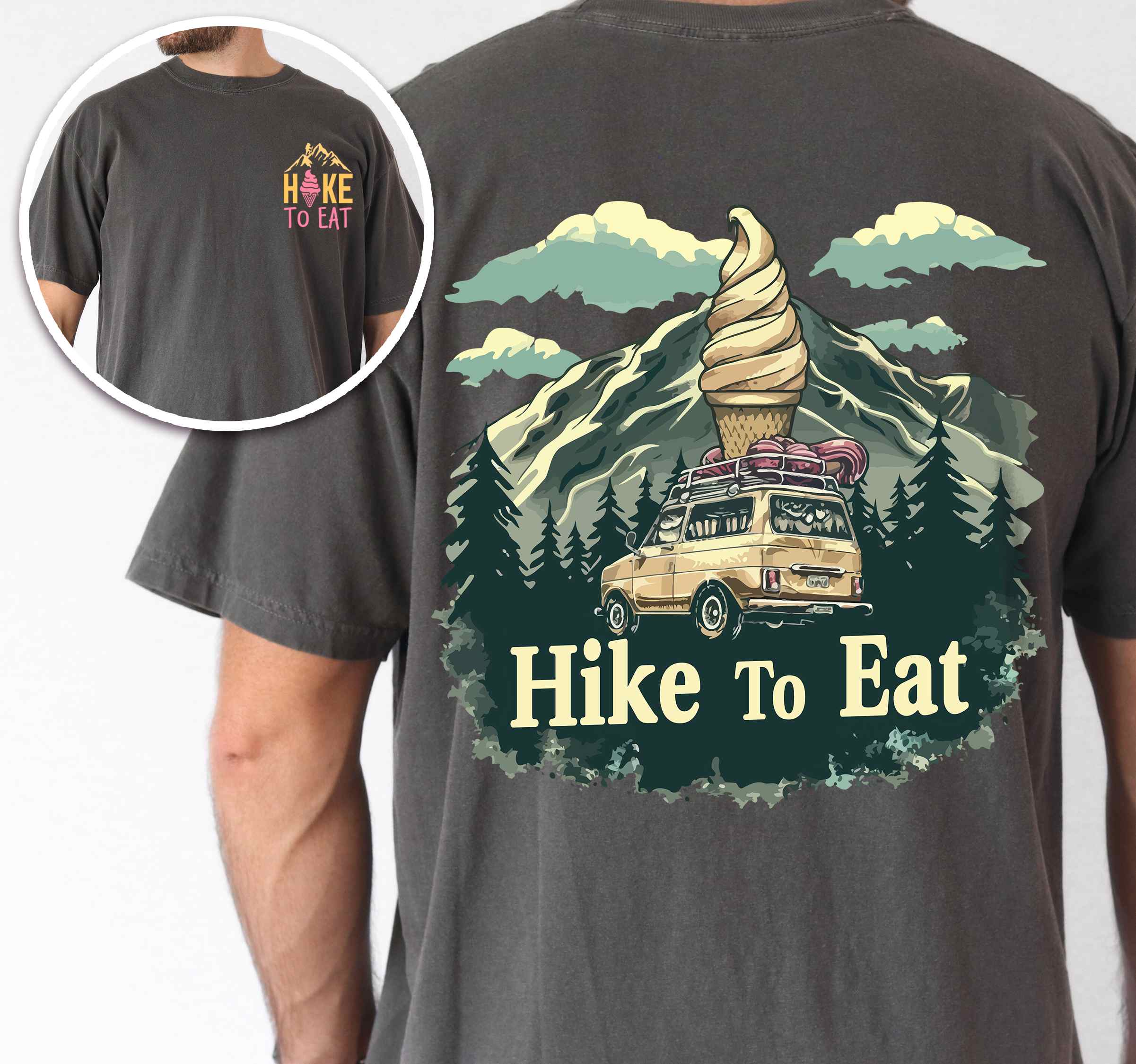 Man wearing peppe colored vintage tee with front and back design "Hike to Eat" text in cream lettering, mountains, birds, illustrated icecream cone, and backpacker for dessert lovers.