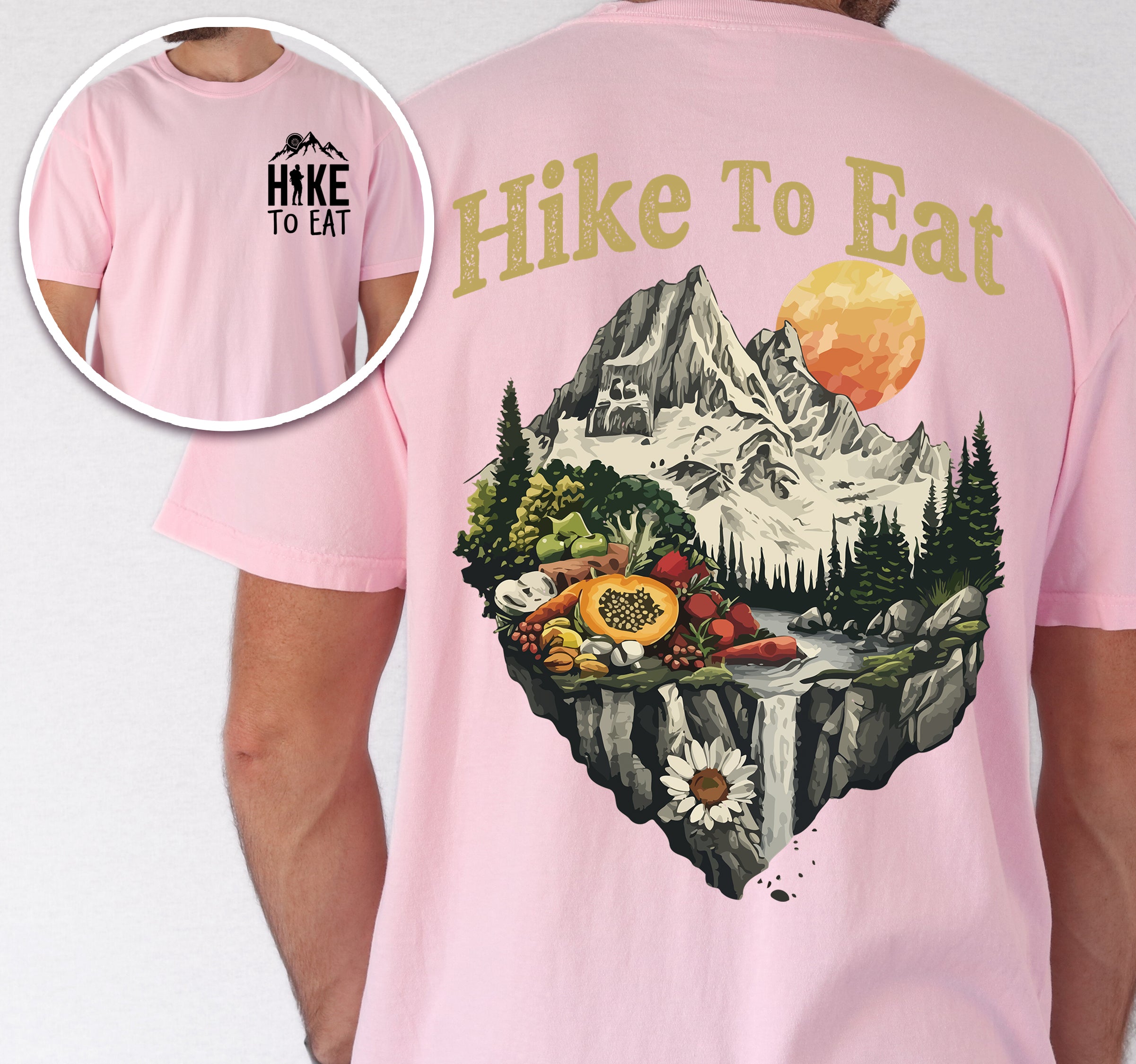 Blossom (Light Pink) Hike to Eat t-shirt front and back view showing small chest logo and large back design featuring mountain landscape with waterfall and fresh food display including fruits and vegetables