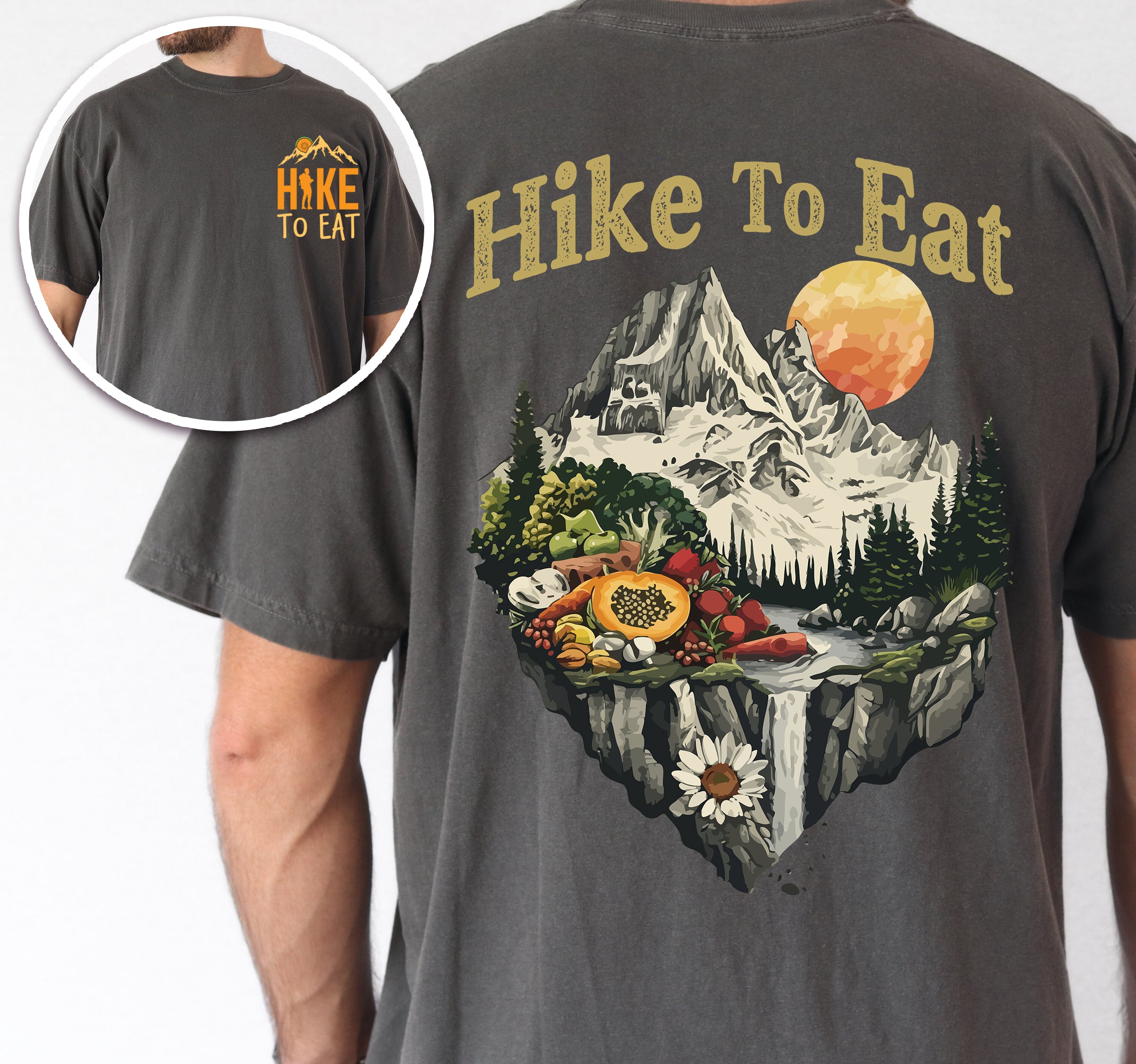 Pepper (Dark Gray) Hike to Eat t-shirt front and back view showing small chest logo and large back design featuring mountain landscape with waterfall and fresh food display including fruits and vegetables