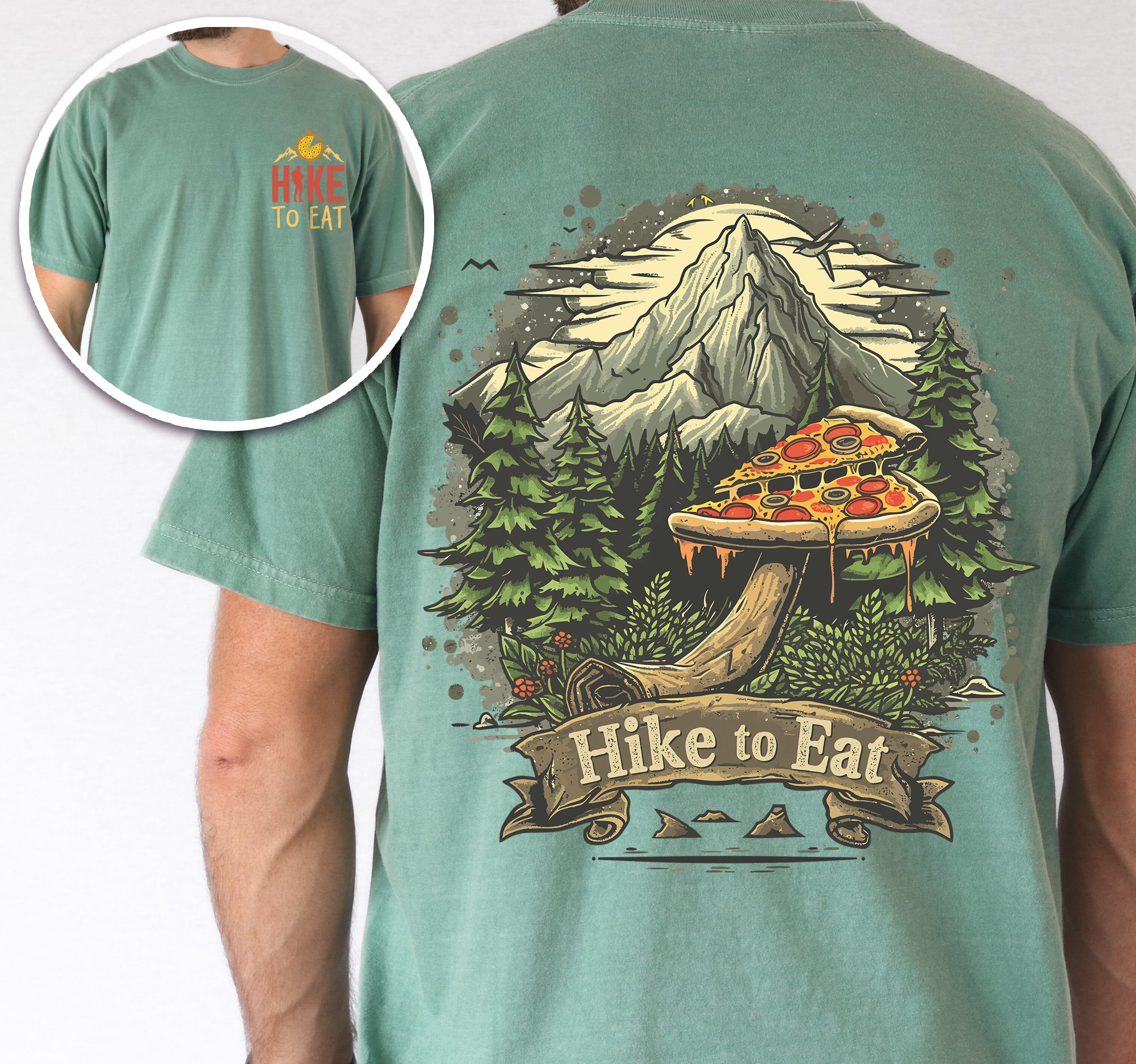 Light Green Hike to Eat t-shirt front and back view showing small chest logo and large back design featuring pizza mushroom in mountain forest scene with banner text