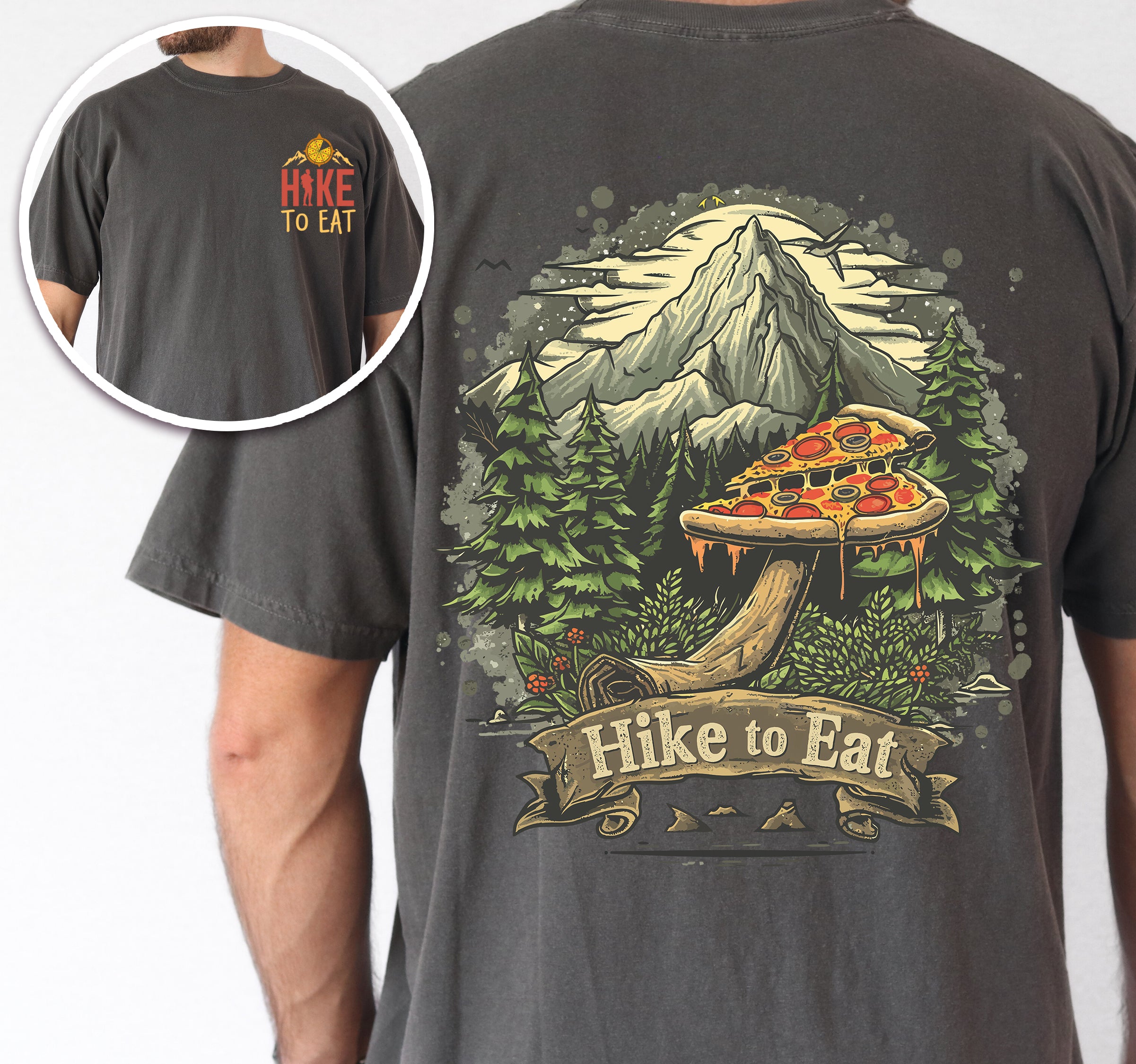 Pepper (Dark Gray) Hike to Eat t-shirt front and back view showing small chest logo and large back design featuring pizza mushroom in mountain forest scene with banner text