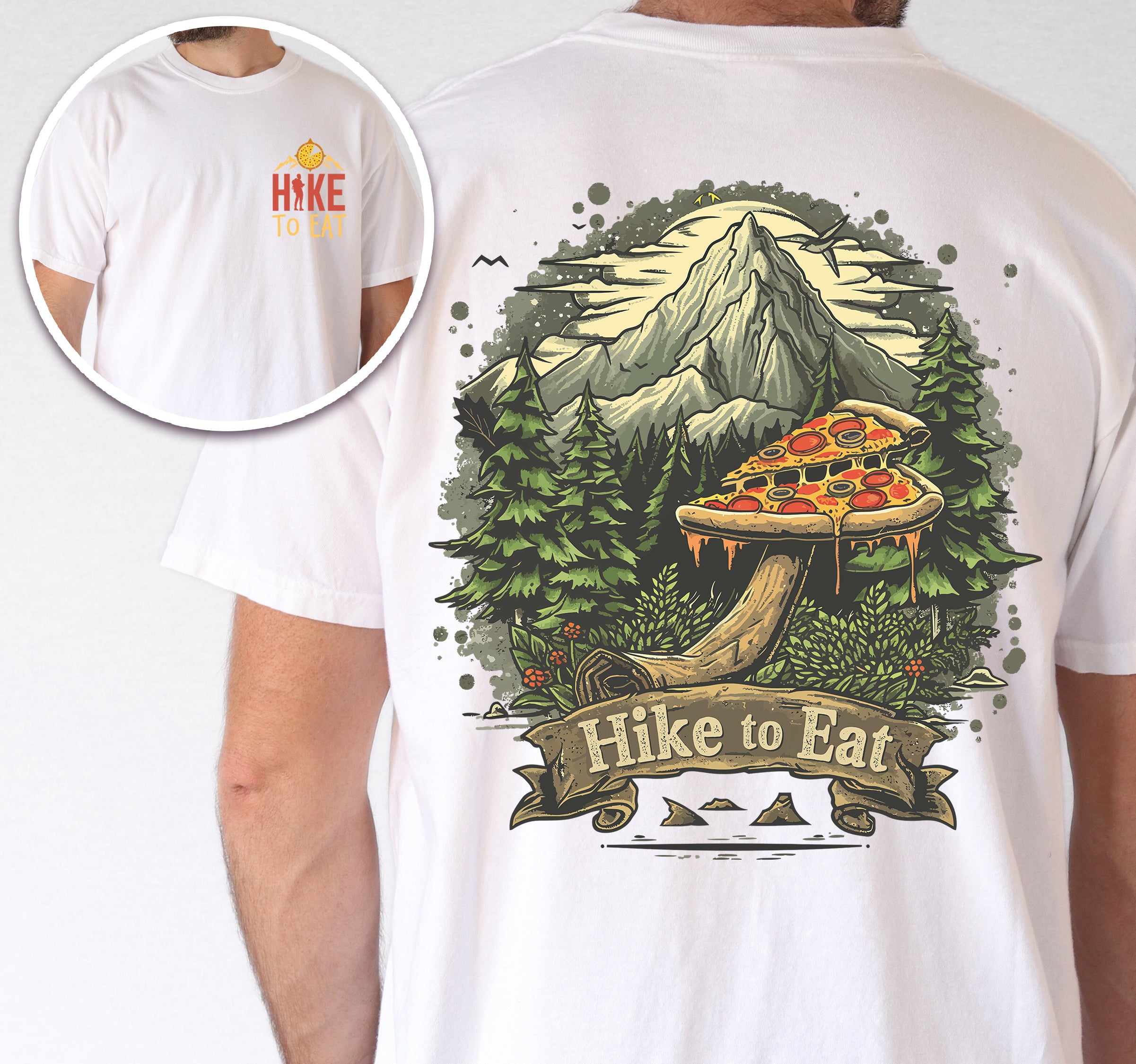 White Hike to Eat t-shirt front and back view showing small chest logo and large back design featuring pizza mushroom in mountain forest scene with banner text