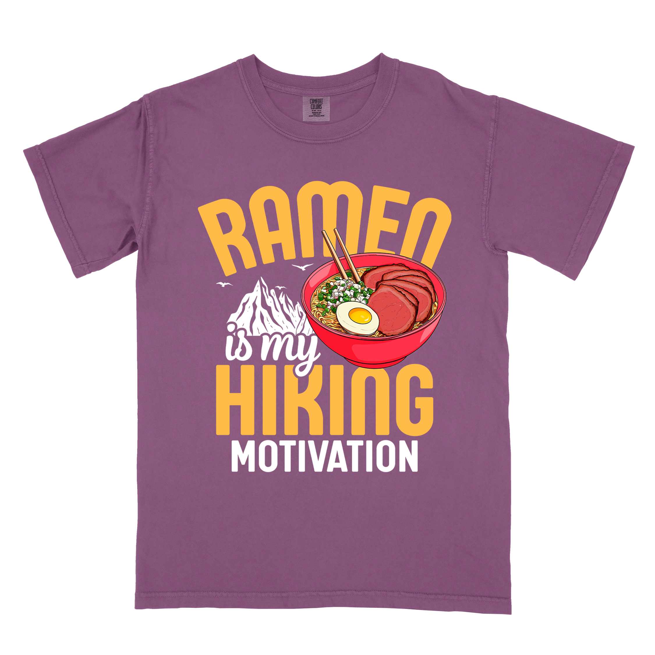 Berry “Ramen is my Hiking motivation” colored vintage tee with bold text, mountain, Illustration of hot ramen. Perfect tee for foodie craving for a bowl of ramen,