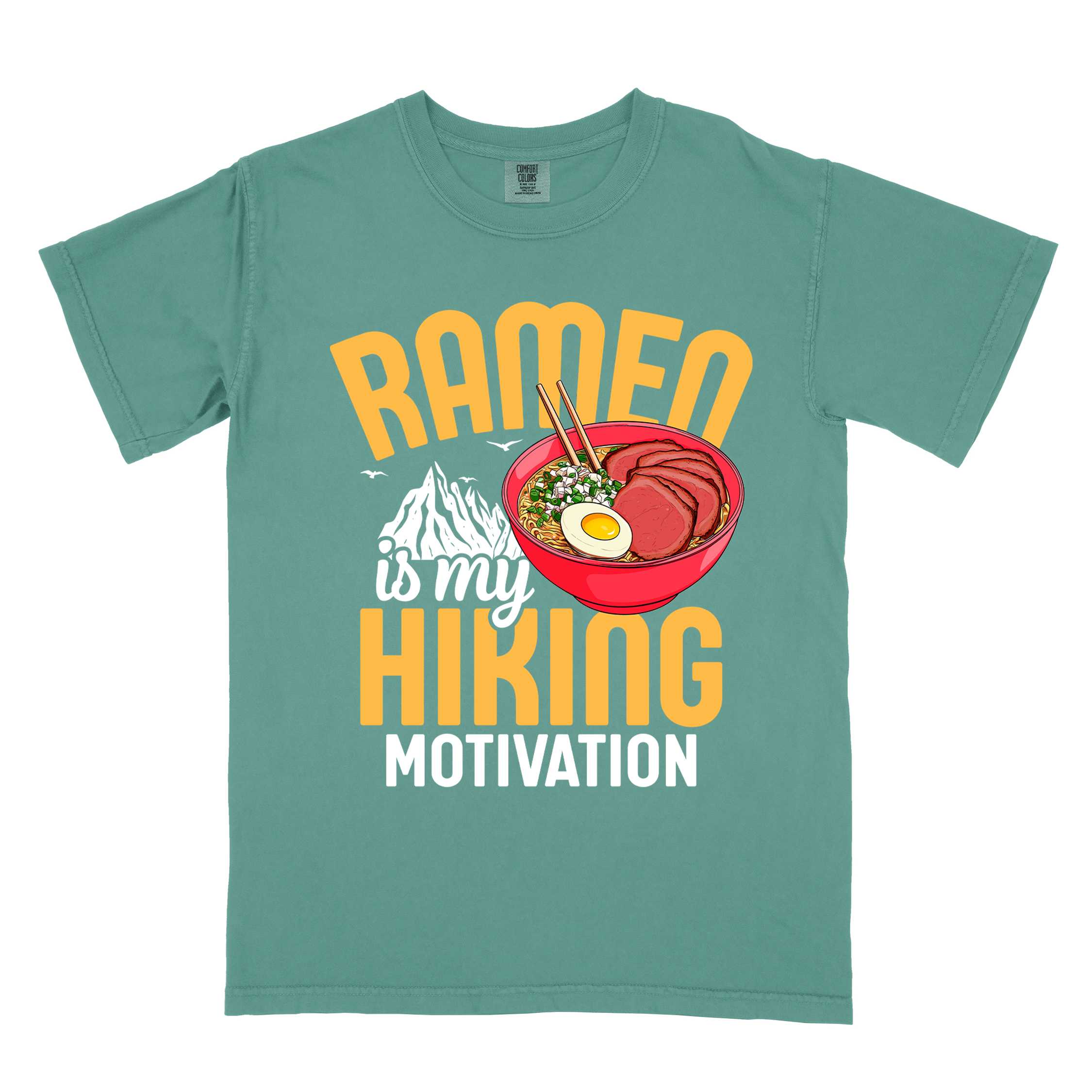 Light green “Ramen is my Hiking motivation” colored vintage tee with bold text, mountain, Illustration of hot ramen. Perfect tee for foodie craving for a bowl of ramen,