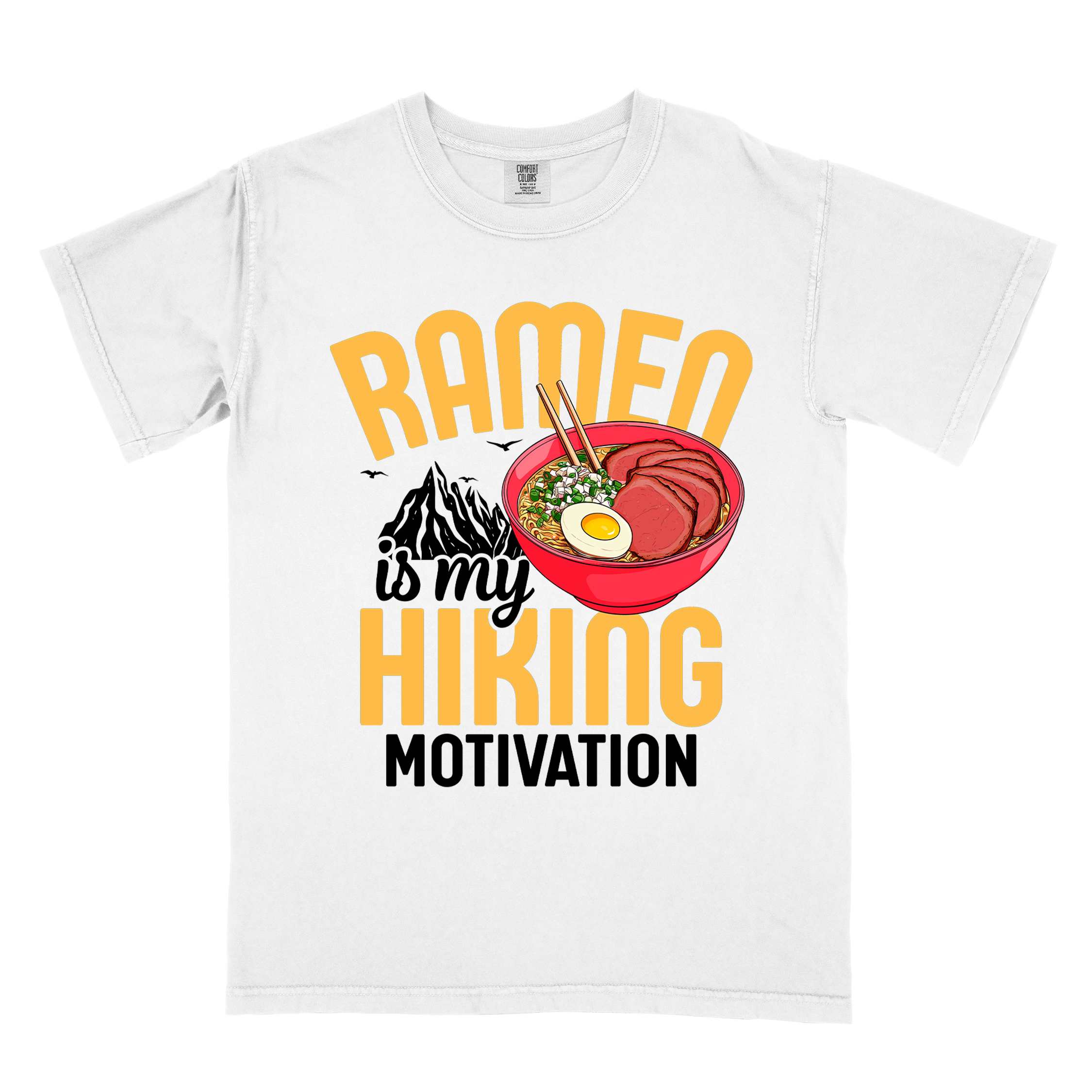 White “Ramen is my Hiking motivation” colored vintage tee with bold text, mountain, Illustration of hot ramen. Perfect tee for foodie craving for a bowl of ramen,