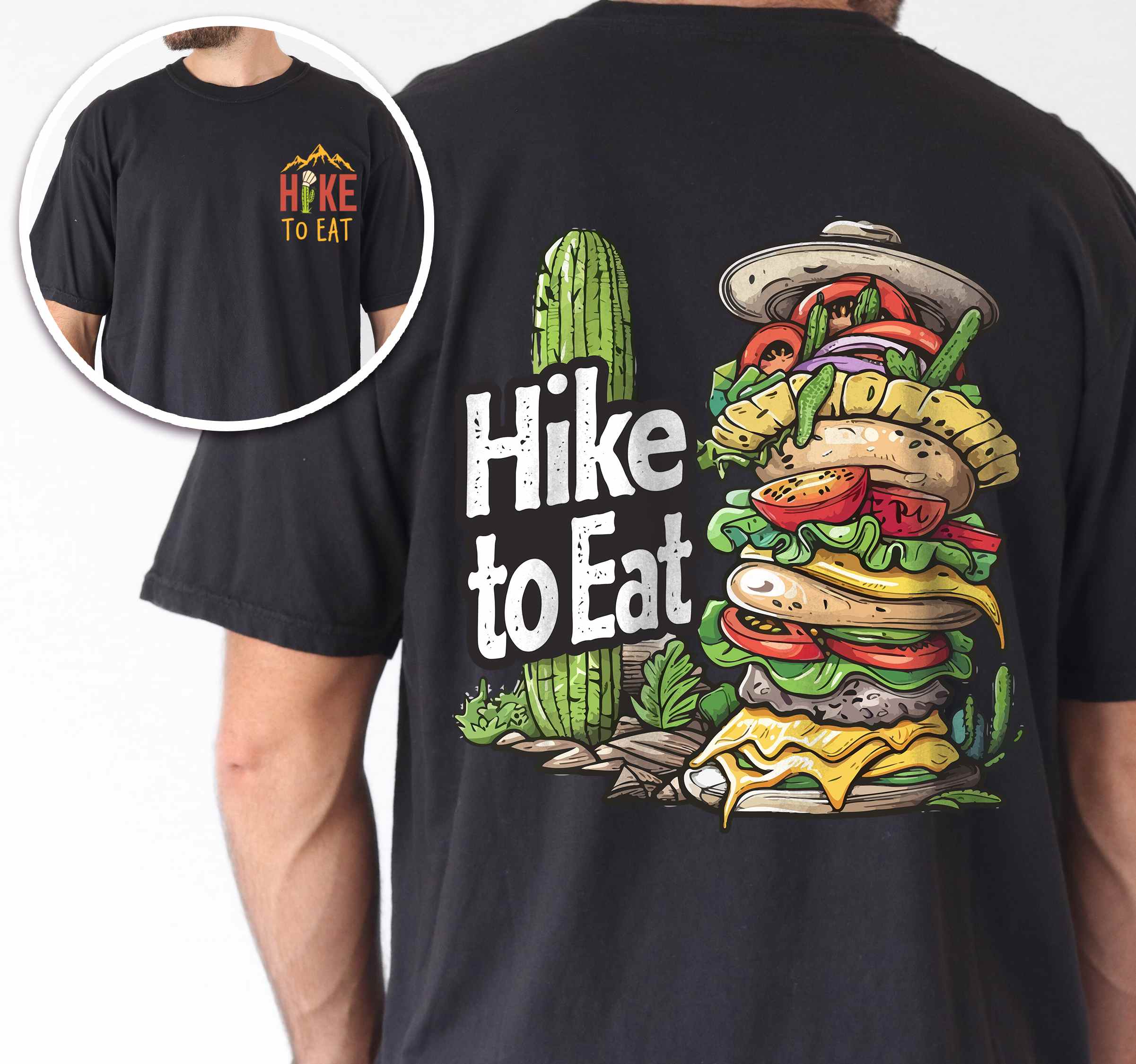 Man wearing black "Hike to Eat" text in bold lettering front and back design, mountains, birds, illustrated stack of cheeseburger, and backpacker for burger lovers.