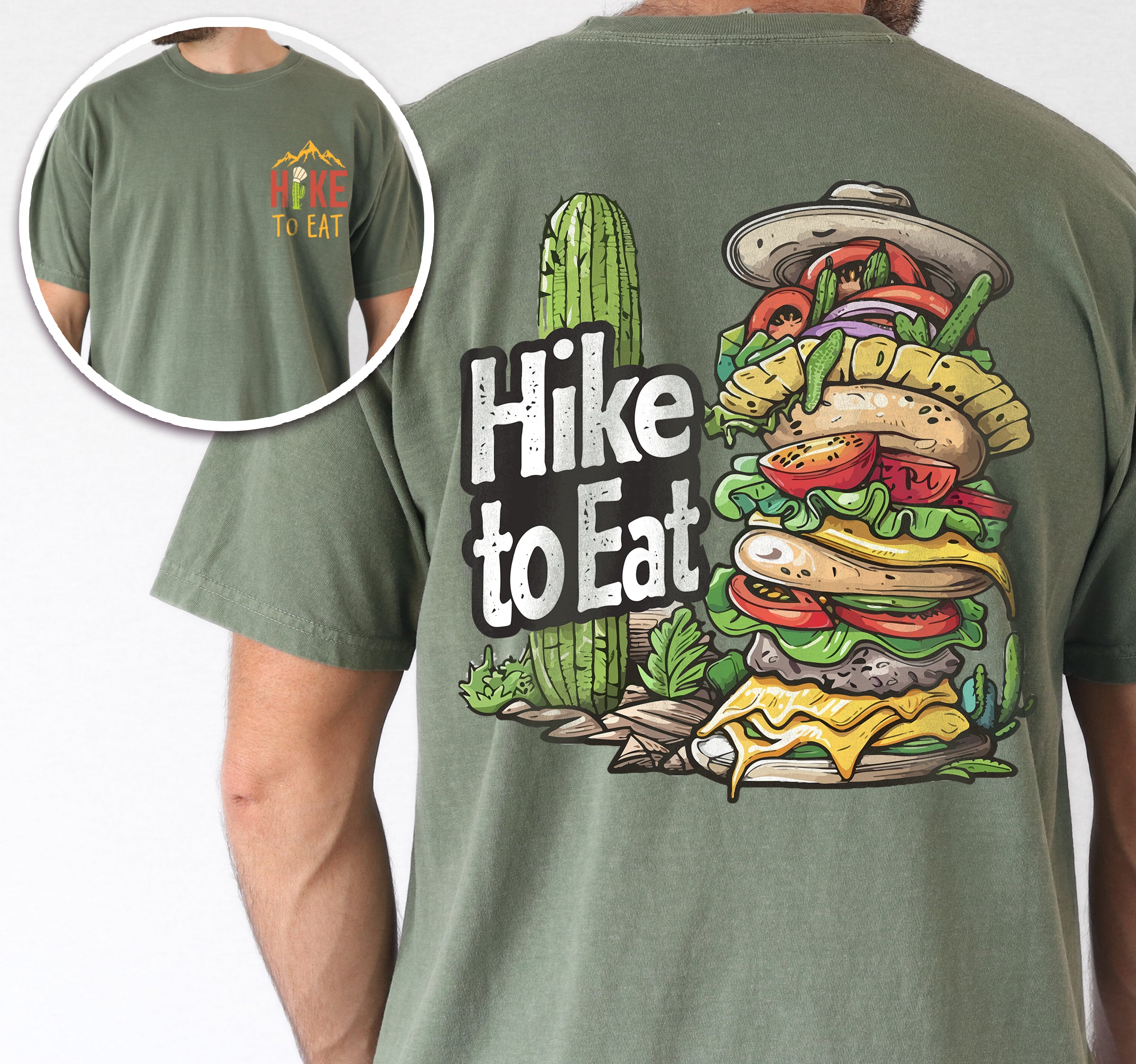 Moss (Dark Green) Hike to Eat t-shirt front and back view showing small colorful chest logo and large back design featuring towering burger with multiple layers, vegetables, and desert cactus landscape elements