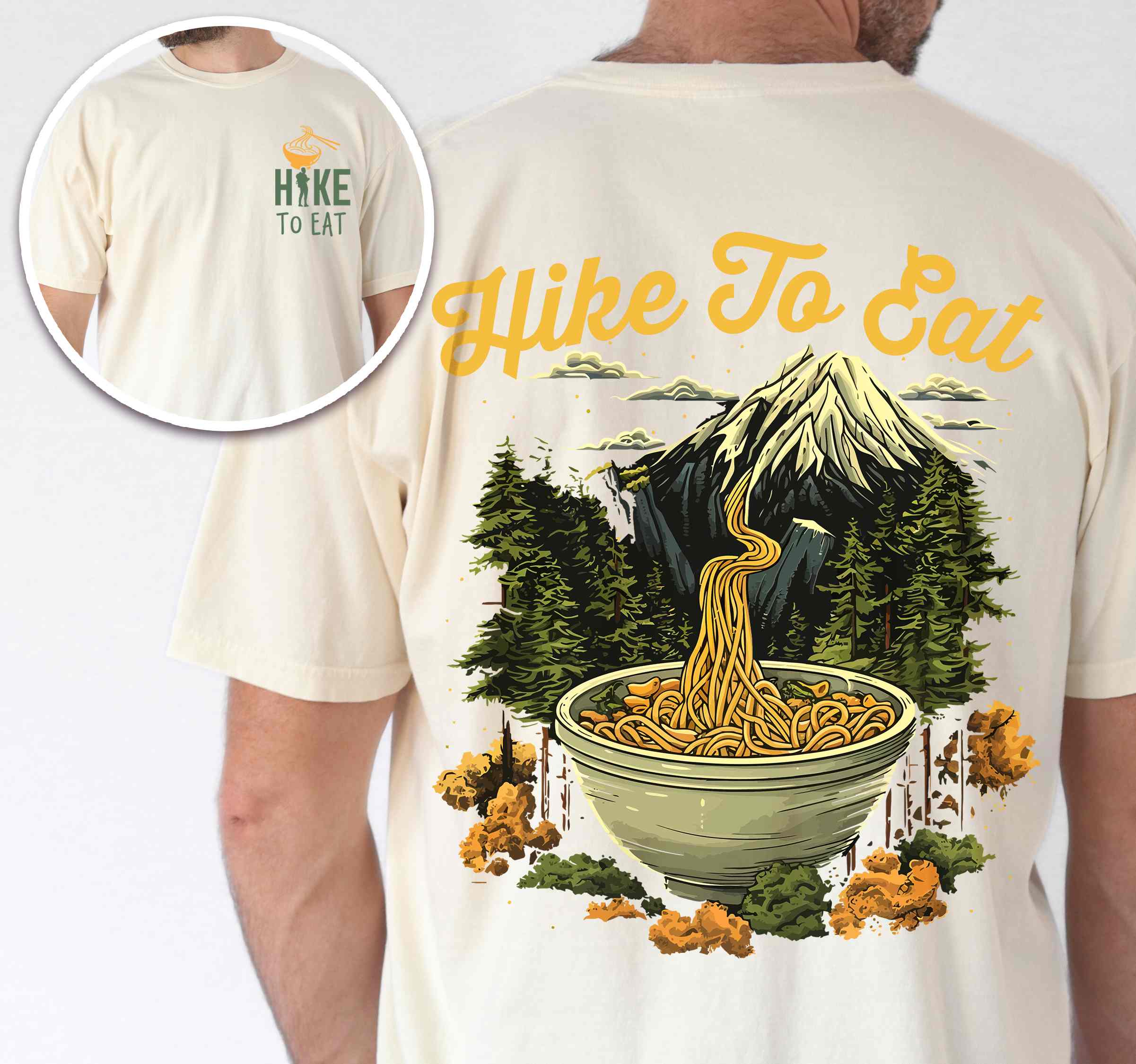 Man wearing ivory "Hike to Eat" text in cream lettering, mountains, birds, illustrated bowl of ramen noodles, and backpacker for ramen lovers.